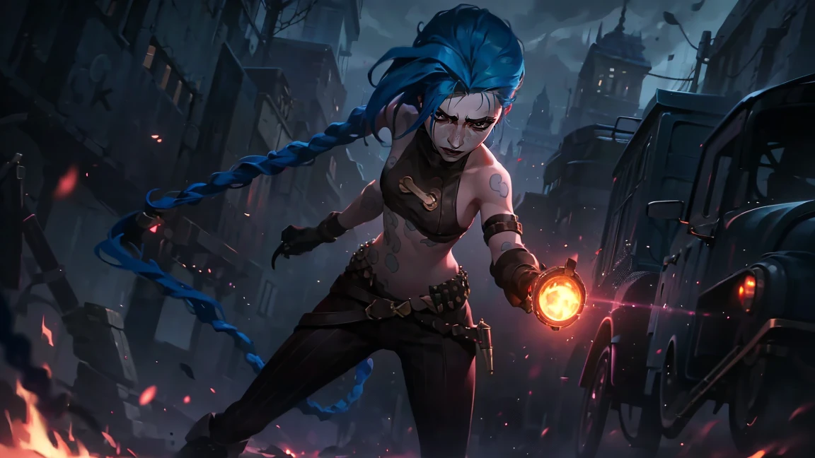(masterpiece, Best quality), 1 girl, portrait, very sexy, holding a gun in his hand (((round barrel, Short))) pistol grip in right hand, Arm outstretched, full length (full body 1.1.), очень feminine, fighting stance, battle, fire, explosions, burning city, Beautiful waist, gloomy composition, flame, fire, Flash, very beautiful, feminine, long hair, hair braided in long braids, very sexy, tight leather pants, emphasis on the eyes, face accent, Beautiful face, Hands, Hair, Haired ponytail, red purple eyes, Jinx is crying, Blue cloud tattoo, (masterpiece, Best quality), Side lighting, beautiful detailed eyes, crazy face), (Best quality), (masterpiece), magic photography, Spectacular lighting, Photorealism, ultra detailed, интимная portraitная композиция, 1. 4,8 k UHD, aesthetic, Cd., A high resolution, 8 k, better lighting, Best shade, Ultra-HD, A high resolution, sharp focus, Complex background, Cinematic lighting, ((Landscape view)), 4K block, (better lighting), ((Cinematic lighting)),