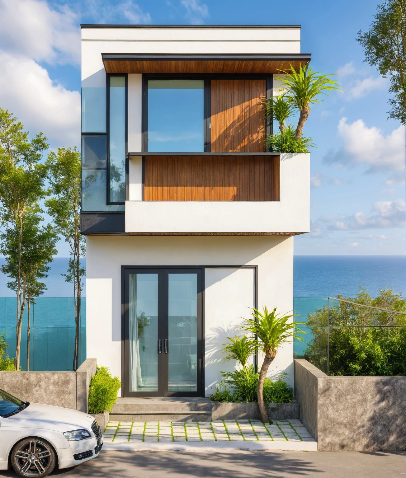 Masterpiece, high quality, best quality, authentic, super detail, outdoors, house style modern,bietthuhn, white wall, glass windows, gate road,pavement, grass, trees,blue sky, cloud, (day:1.1), realistic lighting,photography expert ,exterior design , professional photography, exterior photography,wide-angle shot , ultra detail , high Resolution , full frame, full body