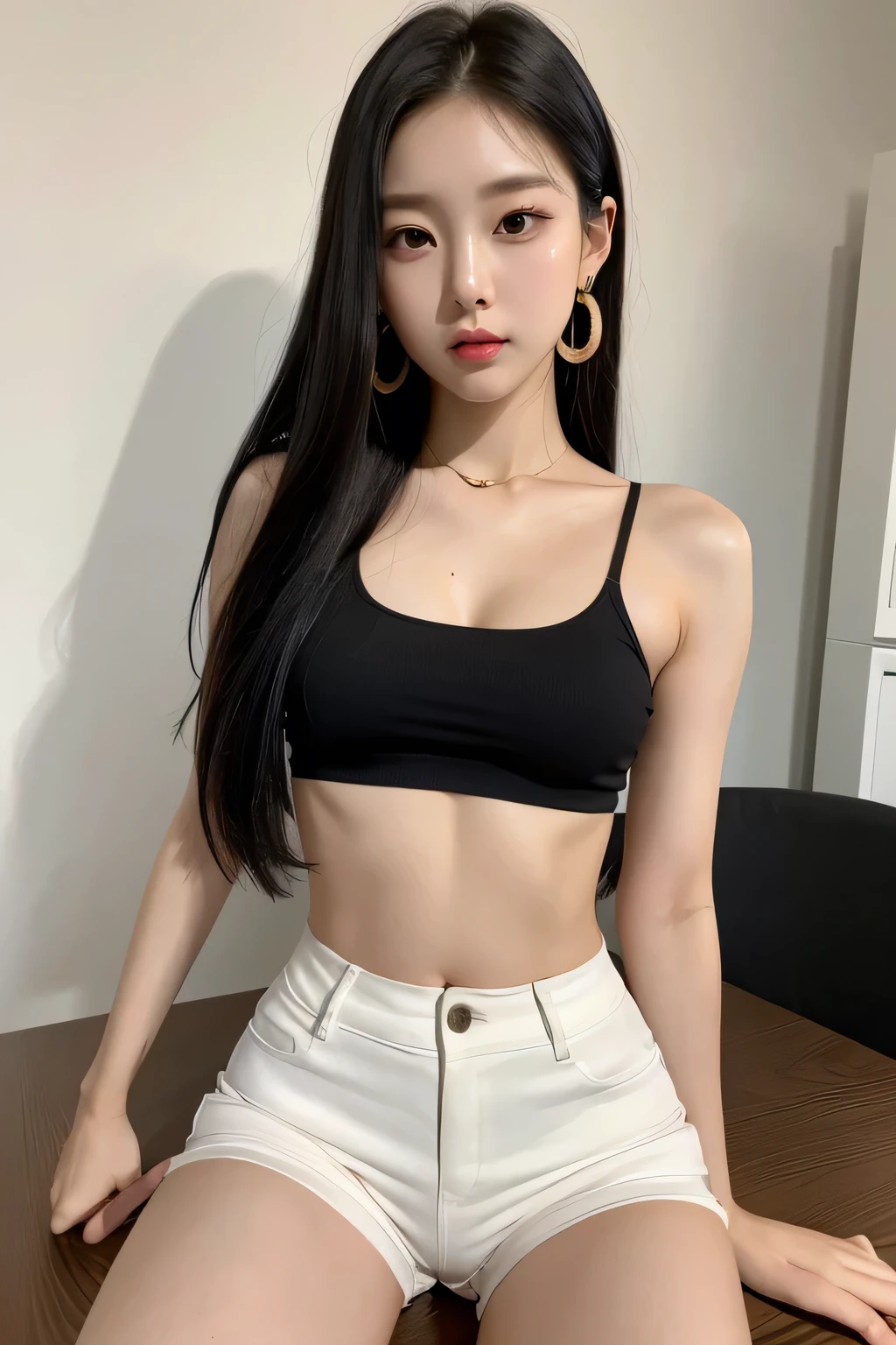 highly detailed face, 21 years old, korean girl, passionate look, long black hair, black eyes, crop top, tight shorts, small firm breasts, earrings, light skin, sitting on table, office, cameltoe, legs open slightly wide