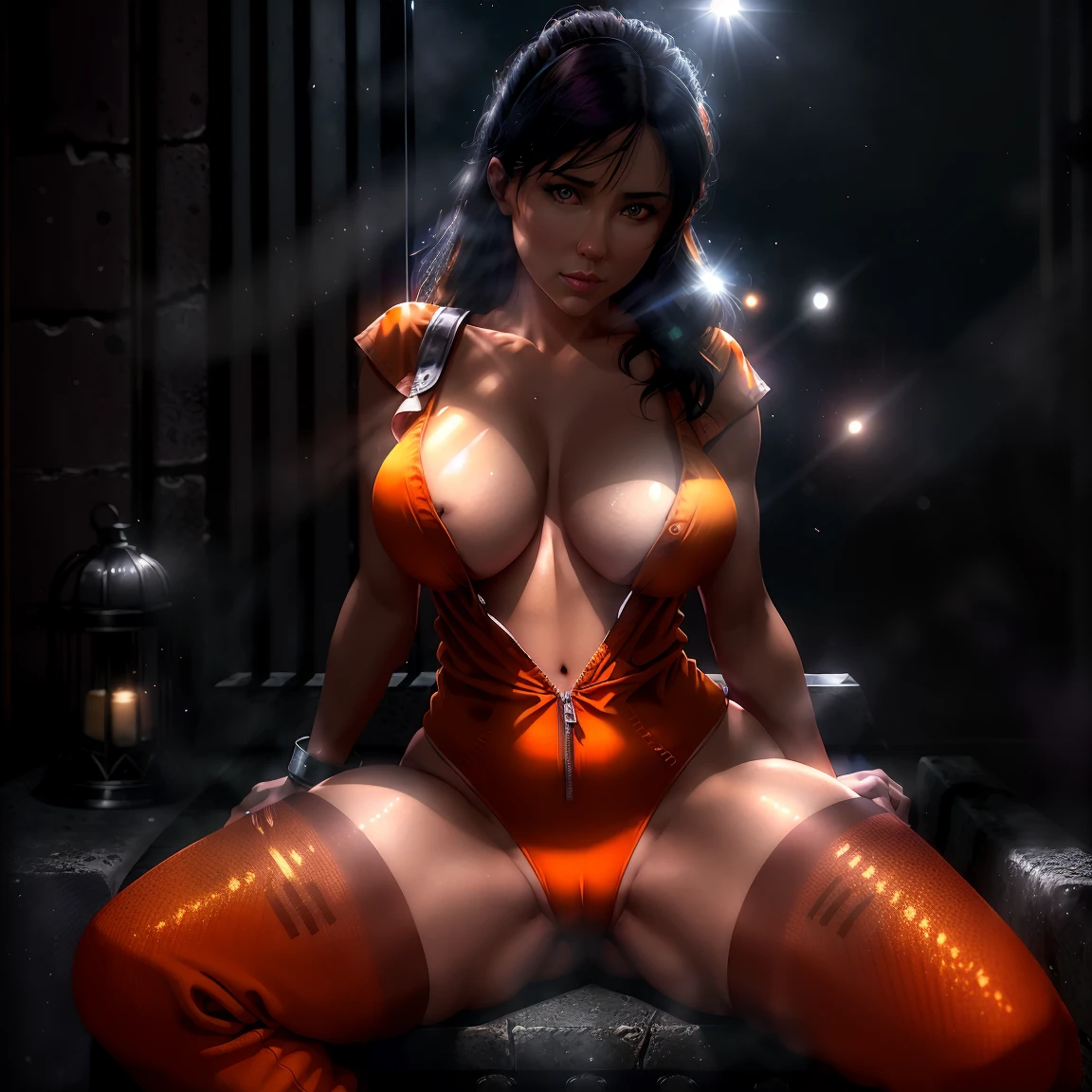 Beautiful 40 years old women wearing an ((orange jumpsuit)), (((sitting in a prison cell))), iron bars, sharp focus, ((wide angle 35mm)), (atmospheric lighting), night sky, moonlight coming through window, volumetric lighting, specular lighting, moon beams, raytracing, subsurface scattering, raycast, prison grounds background, eyes looking at camera, sharp focus, extreme focus, super detailed focus, extreme bokeh, night sky, ambient light, volumetric lighting, raytracing, reflection, refraction, subsurface scattering, raycast, raycasting, moon beams, hdr, sharp focus, extreme focus, super detailed focus, dof, extreme dof, bokeh, extreme bokeh, high quality, highest quality, 8k, 16k, photorealistic, photoreal, medium breast, breast cleavage, sexy underwear, pose, legs straddle, open your legs, legs wide open,