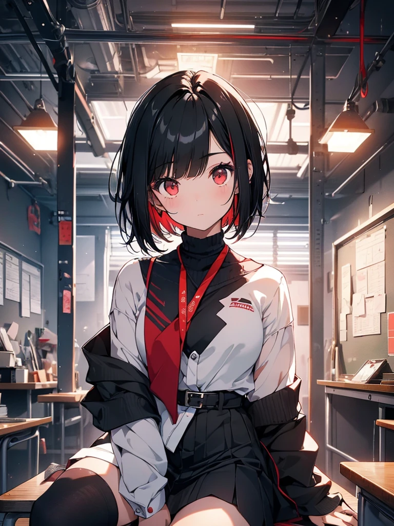 One Girl. Black Hair Girl. Red eyes. highSchool girl. short hair.Black and Red . School. classroom. Dim lighting. evening. cute