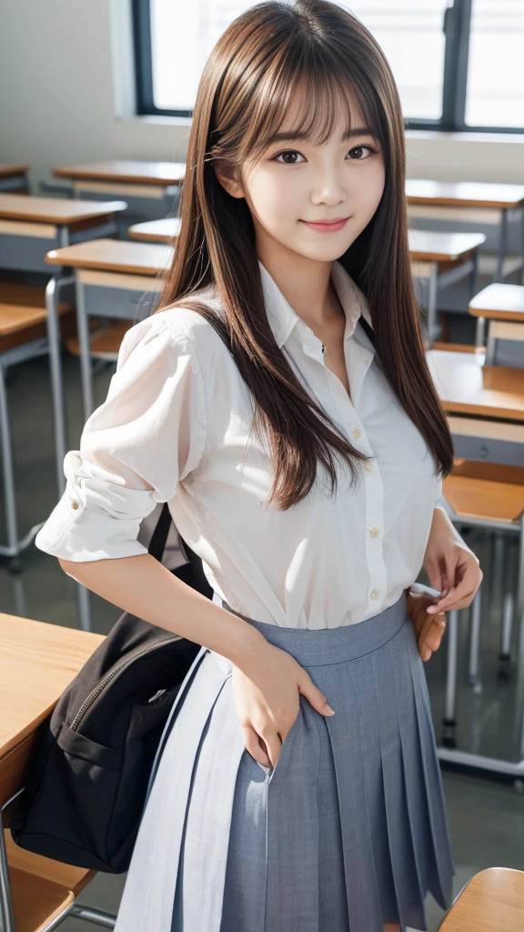 (Highest quality,masterpiece:1.3,Ultra-high resolution),(Very detailed,Caustics,8K),(Realistic:1.4,RAW shooting),Korean beautiful girl in high school uniform,smile,18-year-old,korean hair color、Long Haircut,Looking into the camera,School classroom、School desks and chairs around、Waist up shot,front,Face Focus,Face close-up,(Warm Light),Professional Writing、Very human and real