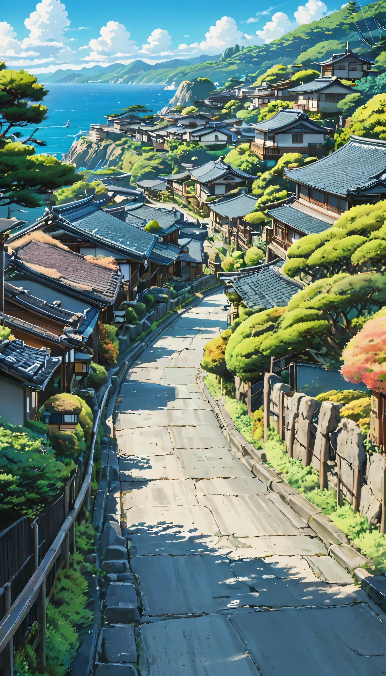 SDXL_2D_Zip, High resolution absurd images、Best quality anime aesthetic images、Image of a Japanese concrete road lined with traditional houses, A view leading to the blue sea、Ghibli-style painting style