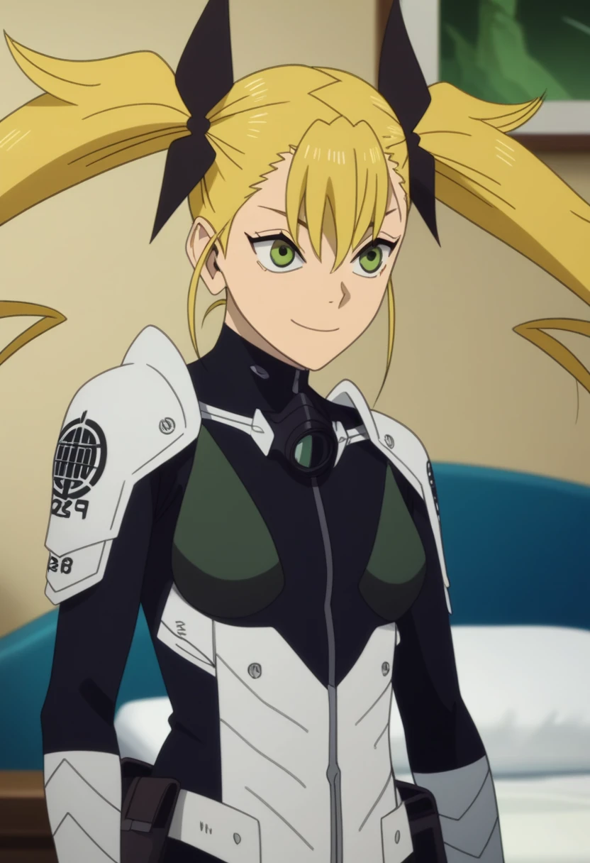 score_9, score_8_up, score_7_up, score_6_up, score_5_up, score_4_up, source_anime, anime screencap, anime coloring, kikoru, 1girl, blonde hair, twintails, green eyes, hair ribbon, black ribbon, bangs, bodysuit, armor, upper body, smile, room, bed, indoors,