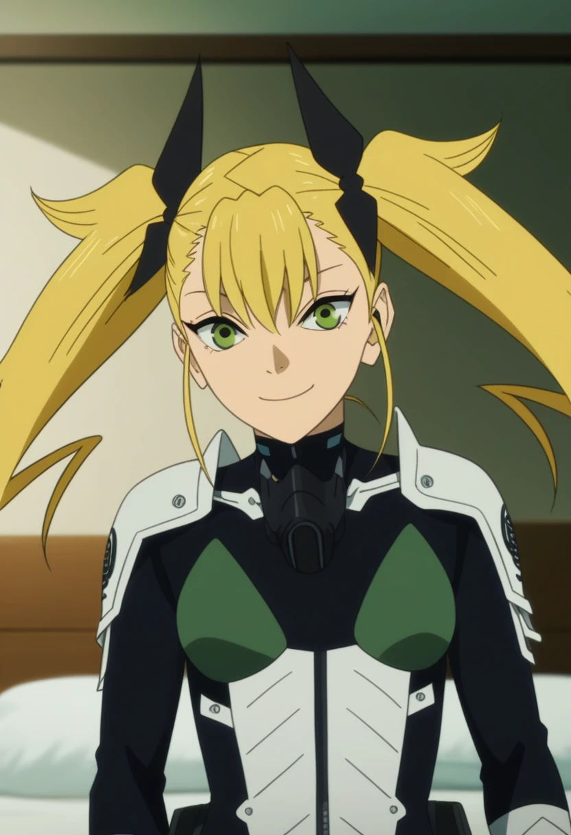 score_9, score_8_up, score_7_up, score_6_up, score_5_up, score_4_up, source_anime, anime screencap, anime coloring, kikoru, 1girl, blonde hair, twintails, green eyes, hair ribbon, black ribbon, bangs, bodysuit, armor, upper body, smile, room, bed, indoors,