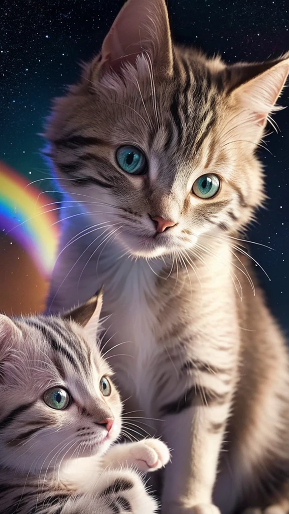 A baby cat's face is drawn in portrait mode, surrounded by vibrant rainbow marble and silver light. The cat's face is sideways, looking up. The fur is drawn in great detail, giving it a realistic texture. The tips of the fur reflect light, beautifully expressing the shiny parts.

The baby cat's eyes are deep rainbow marble, and subtle color changes can be seen when they receive light. The pupils are wide open, giving the impression that the cat is staring at something. The baby cat's nose is rainbow marble colored, and the tip of the nose is also shining brightly when light hits it.

Many faint dots of light float in the background, giving the whole piece a fantastical atmosphere. The dots of light are of various sizes, and are colorfully scattered, mainly in rainbow marble color and silver. These lights blend into the cat's surroundings, giving the impression that the cat is among the stars.

The outlines of the baby cat's whiskers and ears are also emphasized by the light, and each finely drawn hair in particular shines beautifully in the light. The shape of the ears is also clearly defined, with a soft rainbow marble-colored light shining inside the ears.

The lighting effects in this image are very distinctive, highlighting the details of the cat's fur and face while also creating an overall mystical atmosphere. In particular, the gradation of light and the placement of the light spots are exquisite, making a strong impression on the viewer.

Overall, this image is very realistic, yet rich in fantastical elements. The baby
cat's facial expression and the use of light are beautifully harmonious, making this a very visually appealing piece.
