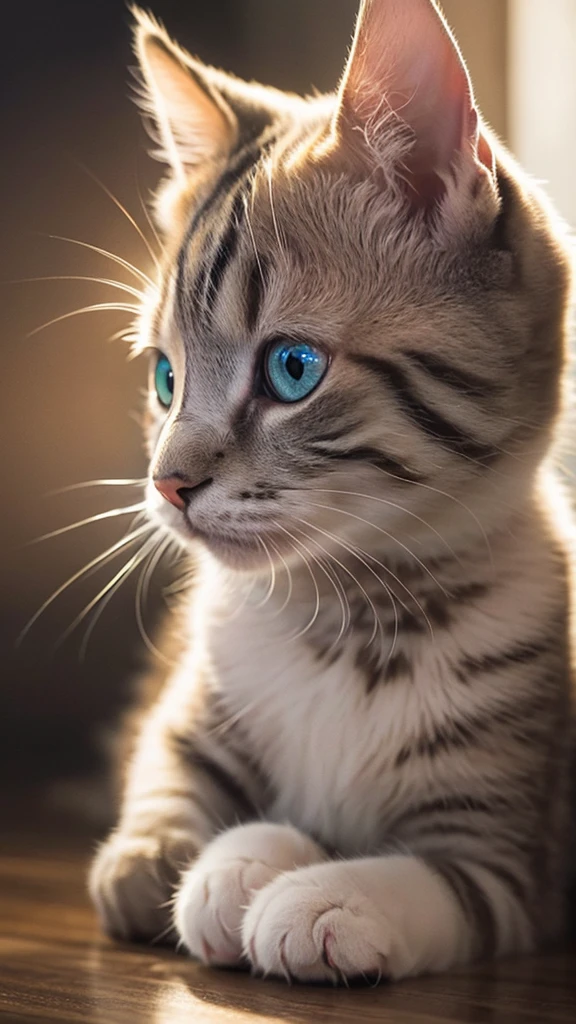 A baby cat's face is drawn in portrait mode, surrounded by vibrant rainbow marble and silver light. The cat's face is sideways, looking up. The fur is drawn in great detail, giving it a realistic texture. The tips of the fur reflect light, beautifully expressing the shiny parts.

The baby cat's eyes are deep rainbow marble, and subtle color changes can be seen when they receive light. The pupils are wide open, giving the impression that the cat is staring at something. The baby cat's nose is rainbow marble colored, and the tip of the nose is also shining brightly when light hits it.

Many faint dots of light float in the background, giving the whole piece a fantastical atmosphere. The dots of light are of various sizes, and are colorfully scattered, mainly in rainbow marble color and silver. These lights blend into the cat's surroundings, giving the impression that the cat is among the stars.

The outlines of the baby cat's whiskers and ears are also emphasized by the light, and each finely drawn hair in particular shines beautifully in the light. The shape of the ears is also clearly defined, with a soft rainbow marble-colored light shining inside the ears.

The lighting effects in this image are very distinctive, highlighting the details of the cat's fur and face while also creating an overall mystical atmosphere. In particular, the gradation of light and the placement of the light spots are exquisite, making a strong impression on the viewer.

Overall, this image is very realistic, yet rich in fantastical elements. The baby
cat's facial expression and the use of light are beautifully harmonious, making this a very visually appealing piece.