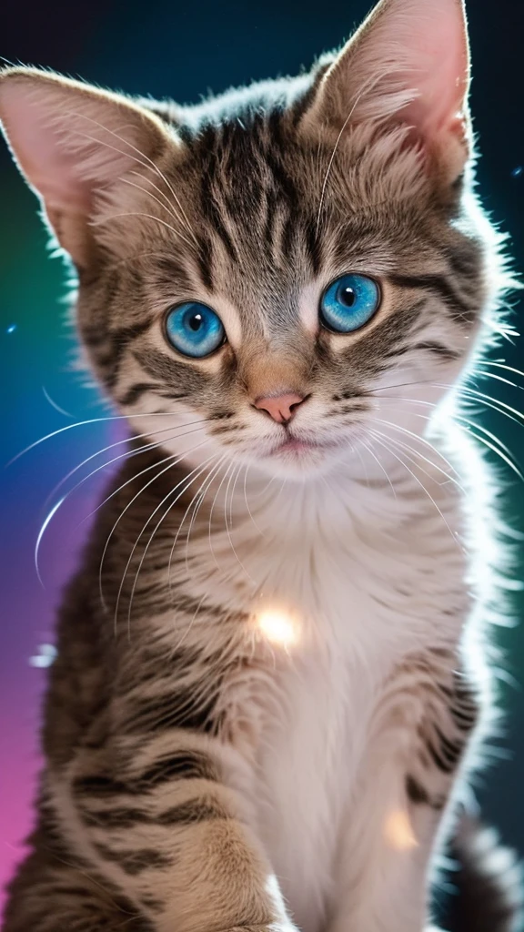 A baby cat's face is drawn in portrait mode, surrounded by vibrant rainbow marble and silver light. The cat's face is sideways, looking up. The fur is drawn in great detail, giving it a realistic texture. The tips of the fur reflect light, beautifully expressing the shiny parts.

The baby cat's eyes are deep rainbow marble, and subtle color changes can be seen when they receive light. The pupils are wide open, giving the impression that the cat is staring at something. The baby cat's nose is rainbow marble colored, and the tip of the nose is also shining brightly when light hits it.

Many faint dots of light float in the background, giving the whole piece a fantastical atmosphere. The dots of light are of various sizes, and are colorfully scattered, mainly in rainbow marble color and silver. These lights blend into the cat's surroundings, giving the impression that the cat is among the stars.

The outlines of the baby cat's whiskers and ears are also emphasized by the light, and each finely drawn hair in particular shines beautifully in the light. The shape of the ears is also clearly defined, with a soft rainbow marble-colored light shining inside the ears.

The lighting effects in this image are very distinctive, highlighting the details of the cat's fur and face while also creating an overall mystical atmosphere. In particular, the gradation of light and the placement of the light spots are exquisite, making a strong impression on the viewer.

Overall, this image is very realistic, yet rich in fantastical elements. The baby
cat's facial expression and the use of light are beautifully harmonious, making this a very visually appealing piece.