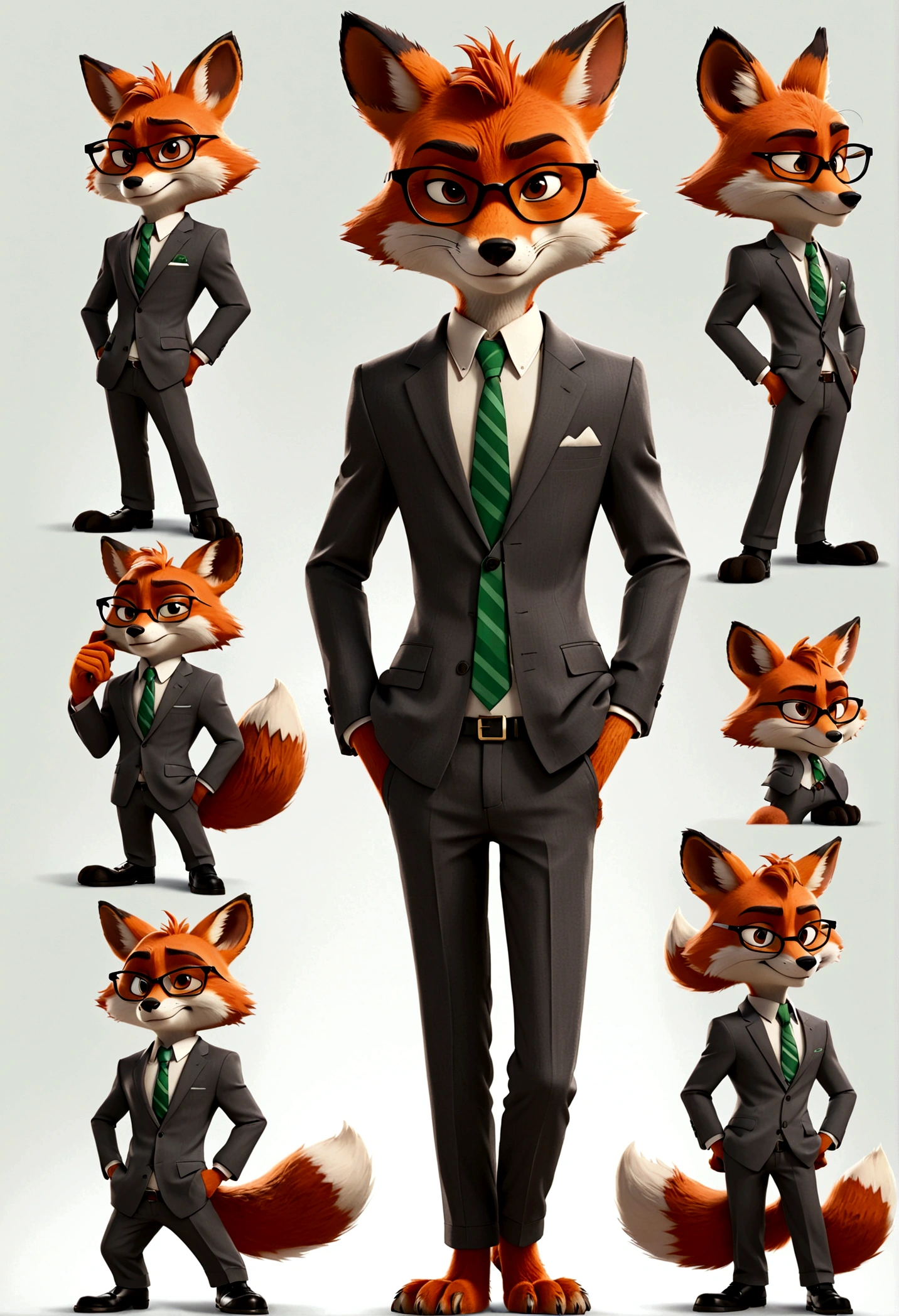 独奏,Wearing a suit,wearing glasses,Fox standing with hands in pockets, Zootopia style, movie Features, Zootopia movie style, Zootopia style, looking heckin cool and stylish, in Zootopia style, 迪士尼疯狂Zootopia style, mob_Features, Fox stylized furry, Anthropomorphic gangster fox, Multiple poses and expressions, 4 positions, whole body, White background, Black Sunglasses, Shorty