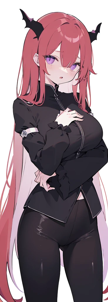(((Long Red hair))),Rede hair,kawai,(((Eyes visible from bangs,hair over eyes:1.3))),,Huge breasts,(purple color eyes),,(purple slanted eyes),1girl in,bangs,long blonde hair, pantyhose,Cowboy Shot,white background,Straight hair hair,(On both sides of the head has sharp black devil horns) Using a white fox fur coat) wearing a black shirt ((head bowed pose)) Ter's hair flows straight down, has two sharp black horns (slant purple eyes) Must wear a black shirt! (The black shirt sleeves are all black fabric. The shirt sleeves are folded up to the elbows.)Wearing black gloves) wearing open mouth as if in panic) wearing shiny, tight black pants (Tight black pants shine like rubber) hands down Slim body  (Arms above chest pose (all black fabric)