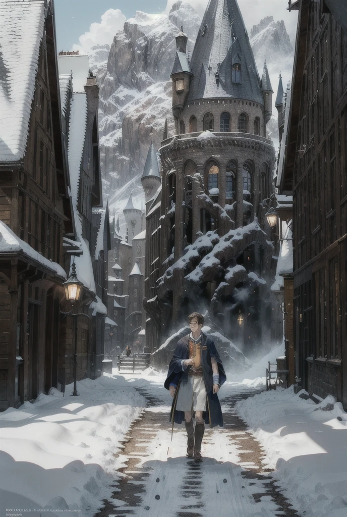concept art absurdres, [perfect shadows and lighting], detailed background, incredible high-key lighting, masterpiece, high quality, detailed, extremely detailed, ambient soft lighting, 4K,(1boy,male_focus,mature,england prep ,hogwarts student,fantasy theme,wizard school,(scene from harry potter movie:1.2)), official art, concept art, colors, trending on artstation, Vivid colors, dramatic, arcane, outdoors detailed background,winter theme . digital artwork, illustrative, painterly, matte painting, highly detailed