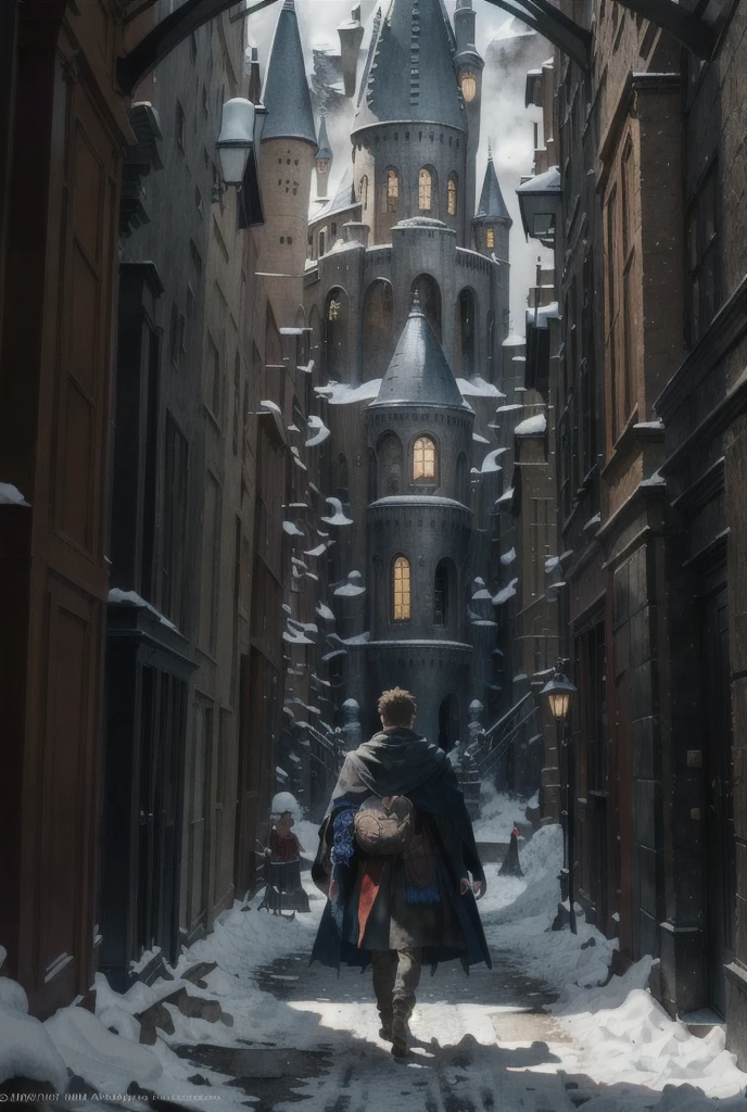 concept art absurdres, [perfect shadows and lighting], detailed background, incredible high-key lighting, masterpiece, high quality, detailed, extremely detailed, ambient soft lighting, 4K,(1boy,male_focus,mature,england prep ,hogwarts student,fantasy theme,wizard school,(scene from harry potter movie:1.2)), official art, concept art, colors, trending on artstation, Vivid colors, dramatic, arcane, outdoors detailed background,winter theme . digital artwork, illustrative, painterly, matte painting, highly detailed