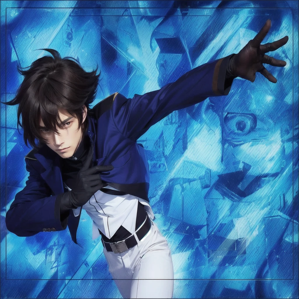  a man in a blue jacket, code geass, handsome pose, tall anime guy with brown eyes, spike spiegel