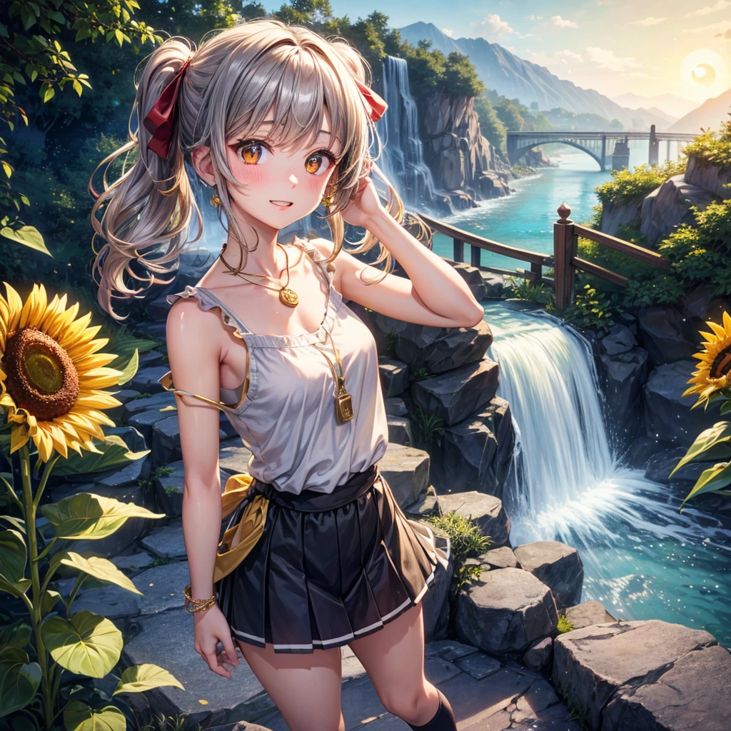 Red, brown, gold, gold hair、Golden Eyes、Hair tied up、One good looking girl、solo、anime、Checkered mini skirt、Ruffles on the skirt、camisole、Lightweight cardigan、Black knee-high socks、Wearing a baseball cap、Ribbon、Ribbon on waist、Teeth are visible、Silver coin necklace、From above、Sunflower Tunnel、Cobblestones、waterfall、Have sunflowers、Midnight Moon、Winding Road、Unlocking、suspension bridge、Soap bubbles are flying