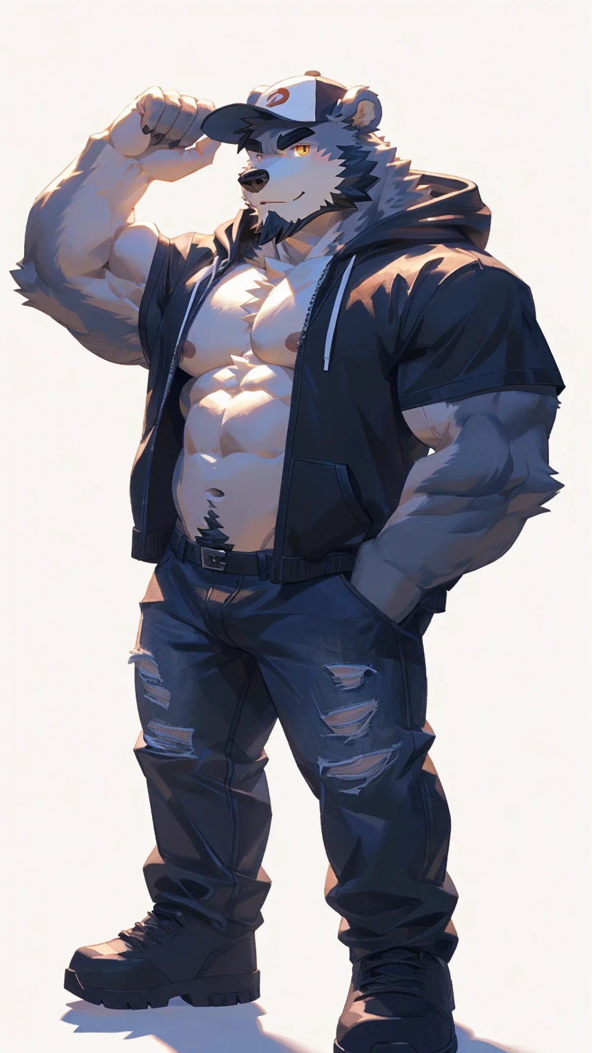 (masterpiece:1.2), best quality,pixiv,official art,perfect anatomy, (Ray tracing, light),solo, (1_male:1.3) , (muscle), (grey fur:1.4), (muscle bear), (beard:1.2), (gleaming golden eyes), bear tail, full body, Thick black eyebrows, baseball cap, (open short hoodie), (naked inside),Ripped short jeans, black short boots, (pure white background: 1.3)