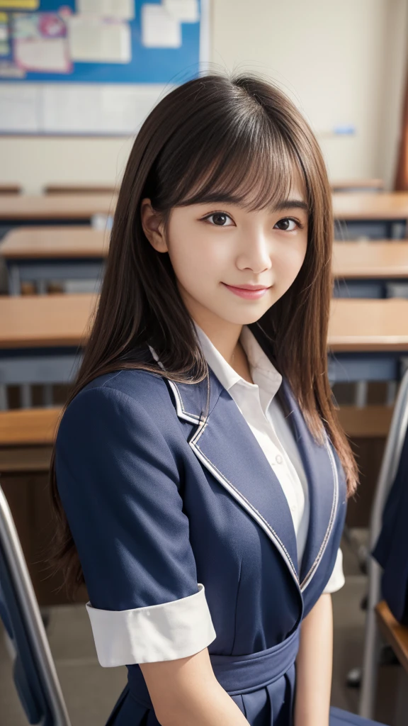 (Highest quality,masterpiece:1.3,Ultra-high resolution),(Very detailed,Caustics,8K),(Realistic:1.4,RAW shooting),Korean beautiful girl in high school uniform,smile,18-year-old,korean hair color、Long Haircut,Looking into the camera,School classroom、School desks and chairs around、Waist up shot,front,Face Focus,Face close-up,(Warm Light),Professional Writing、Very human and real