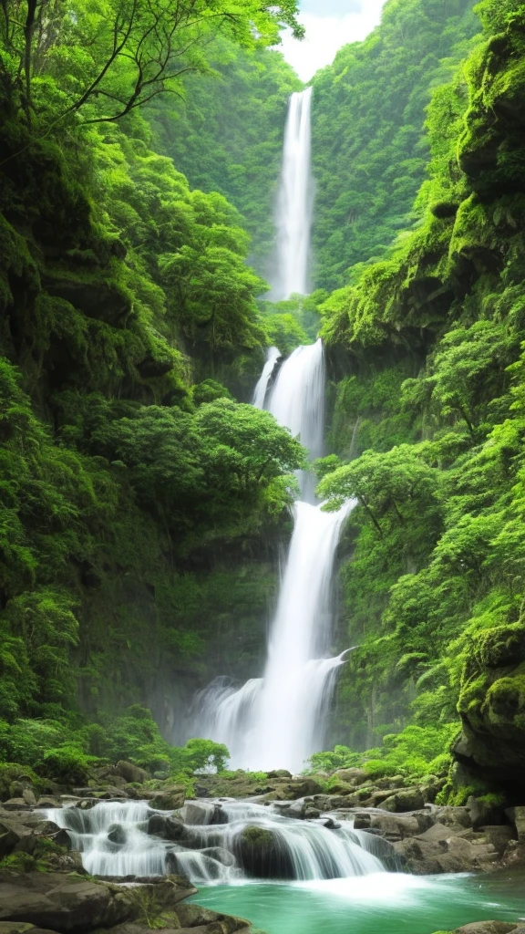 A waterfall in the middle of a green jungle、A river where many different animals drink water,Large broadleaf tree
