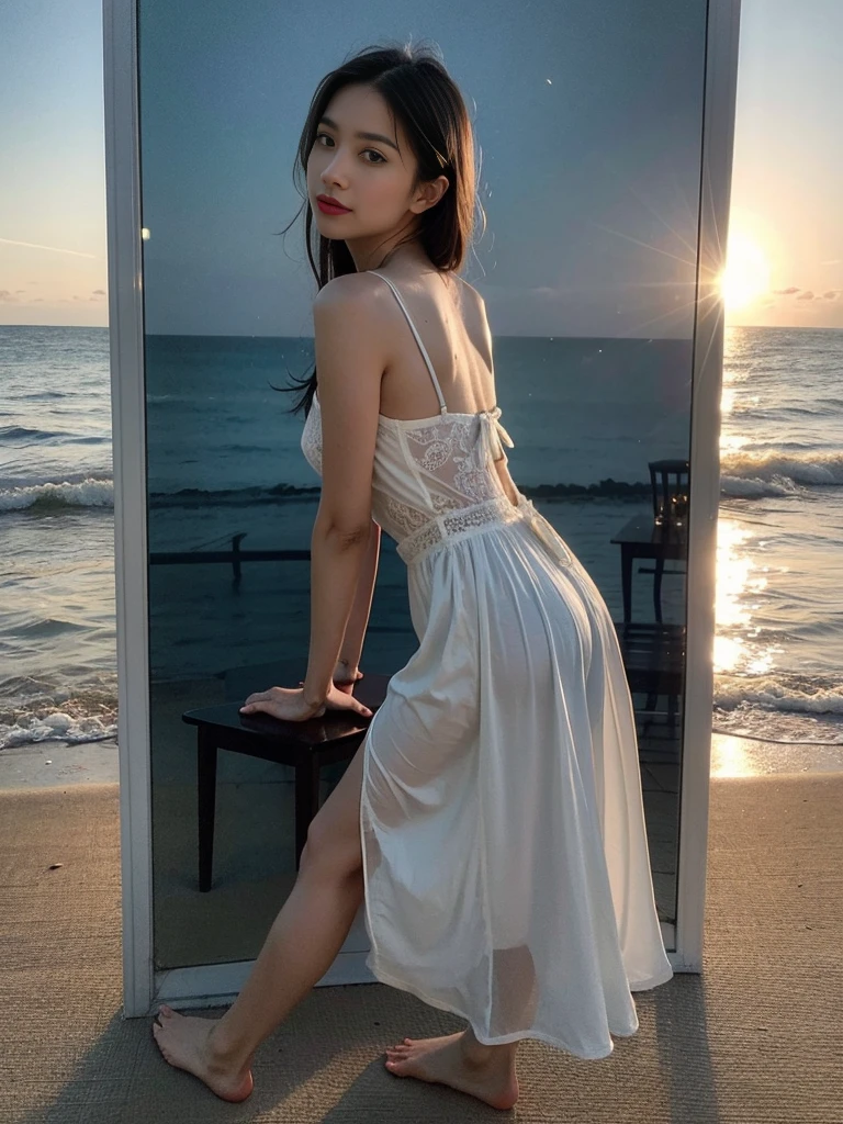 masterpiece, highest quality, movie stills, 1 girl,looking at the viewer、camisole dress、white dress、Dark subject with backlight、 Sky reflected on the sea surface、Mirror-like water surface、Reflective water surface、I can see your ankles、barefoot、sunset、beautiful sky, close, bright, Happy, warm and soft lighting, sunset, (spark:0.7)