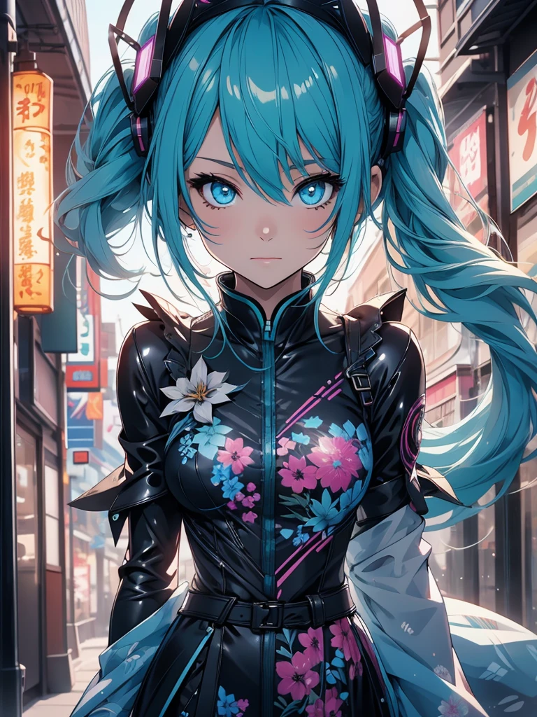 Miku Hatsune high definition add_detail:1, blue fur,kitsune ears add_detail:1, pretty girl add_detail:1, japanese streets landscape add_detail:1, blue kimono costume add_detail:1, add_detail:1, full body add_detail, highly detailed face, deep aqua iris add_detail:1, ninja girl,  dark aura, evil face add_detail:1, full body view add_detail:3