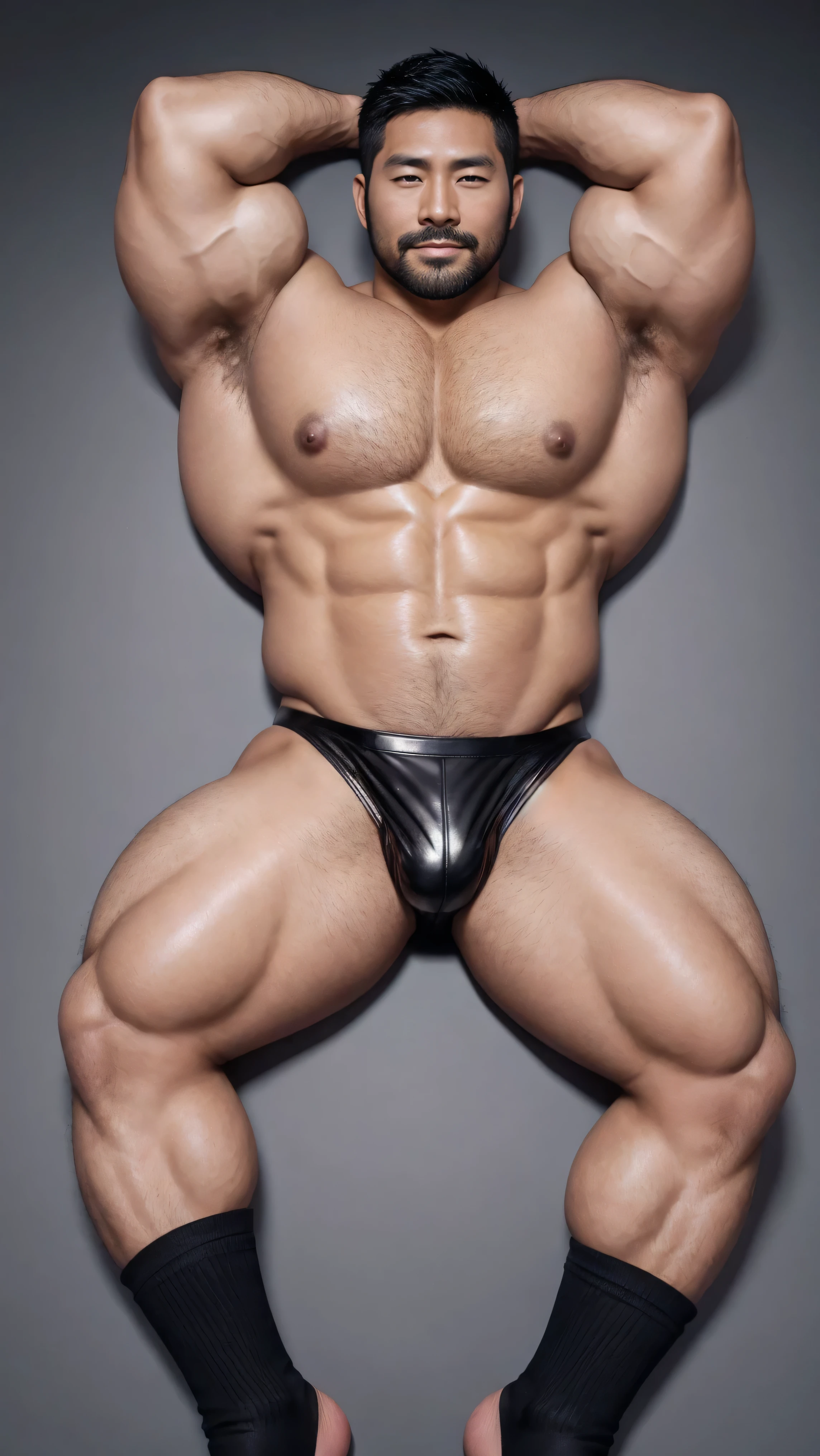 There is only one handsome Asian actor in the photo,35 years old,High target, Fitness,short hair, O-Shaped Beard,Perfect body, Dark skin color,Radiant Skin,Smooth skin,Muscle bulge, muscular, Very large pectoral muscles,Very sexy abdominal muscles,Very well-developed leg muscles,Huge concave and convex area,Brightens oily skin,Wearing black leather shiny thong,Handsome face, Correct and accurate male body proportions, Wear black socks,Lying on gray background。