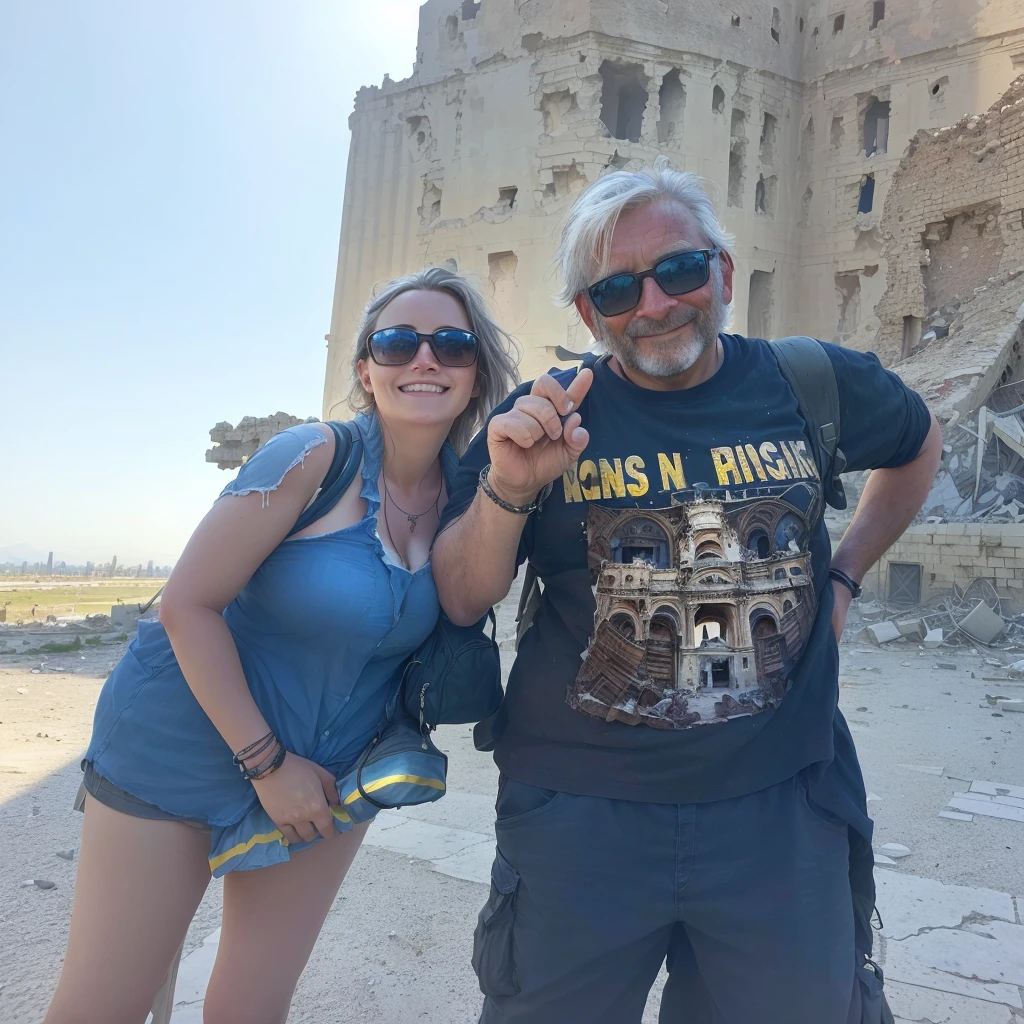 there is a man and woman standing next to each other, in front of a ruined city, ruins in the background, posing in front of bombed city, tourists in background, with a castle in the background, wearing dirty travelling clothes, with towers, happy!!!, by Robert Zünd, standing before ancient ruins, at an ancient city, very very low quality picture