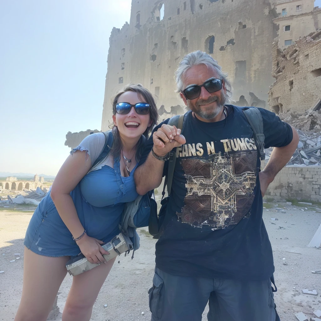 there is a man and woman standing next to each other, in front of a ruined city, ruins in the background, posing in front of bombed city, tourists in background, with a castle in the background, wearing dirty travelling clothes, with towers, happy!!!, by Robert Zünd, standing before ancient ruins, at an ancient city, very very low quality picture