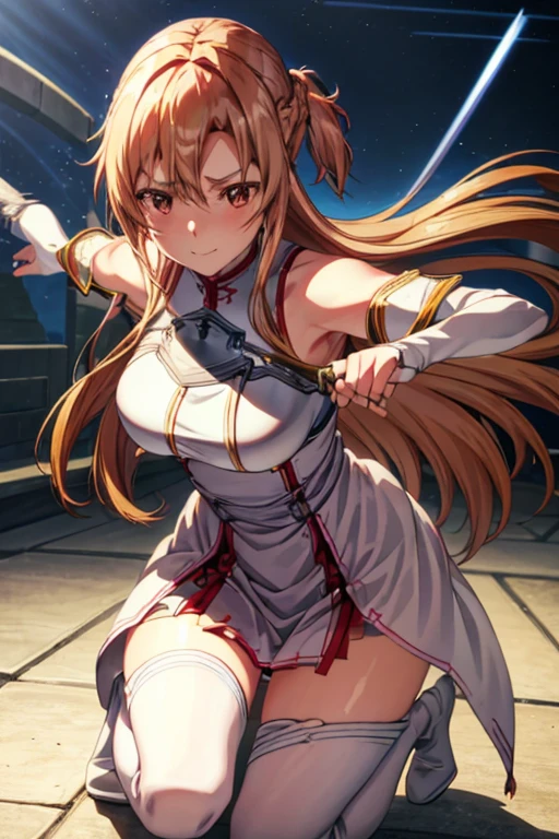 A captivating wallpaper of As Yuuki, Sword Art Online Heroine, Carefully crafted. (Highest quality, High resolution: 3000x3000 pixels)

One character, As Yuuki, Virtual Reality Suit, Long straight blonde hair with bangs, Blue eyes sparkling with determination, Her plump lips are slightly parted in a smile, Moderate: Digital Art, Vibrant colors, High resolution, Cinema Lighting, Ultra-fine detail, Sharp focus, Physically Based Rendering, Very detailed explanation.

((Both hands tied with rope)), (Costume cut into pieces by sword)、Bleeding from a wound、On one knee、Crippling、There are many scratches、The enemy is stealing your life force.