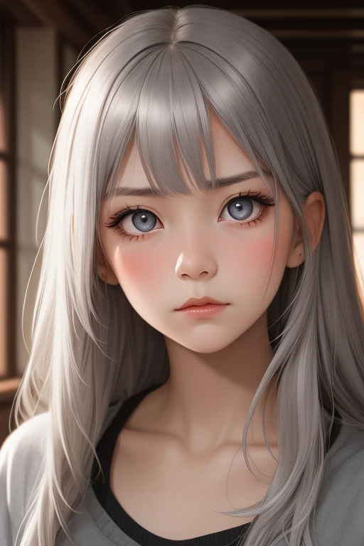 young six year old girl, long grey hair, grey eyes, beautiful, apathetic expression