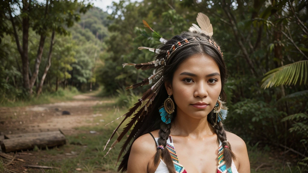 8k, highest quality, ultra details, indigenous woman, traditional attire, feather headdress, tribal patterns, nature background, proud expression, cultural heritage