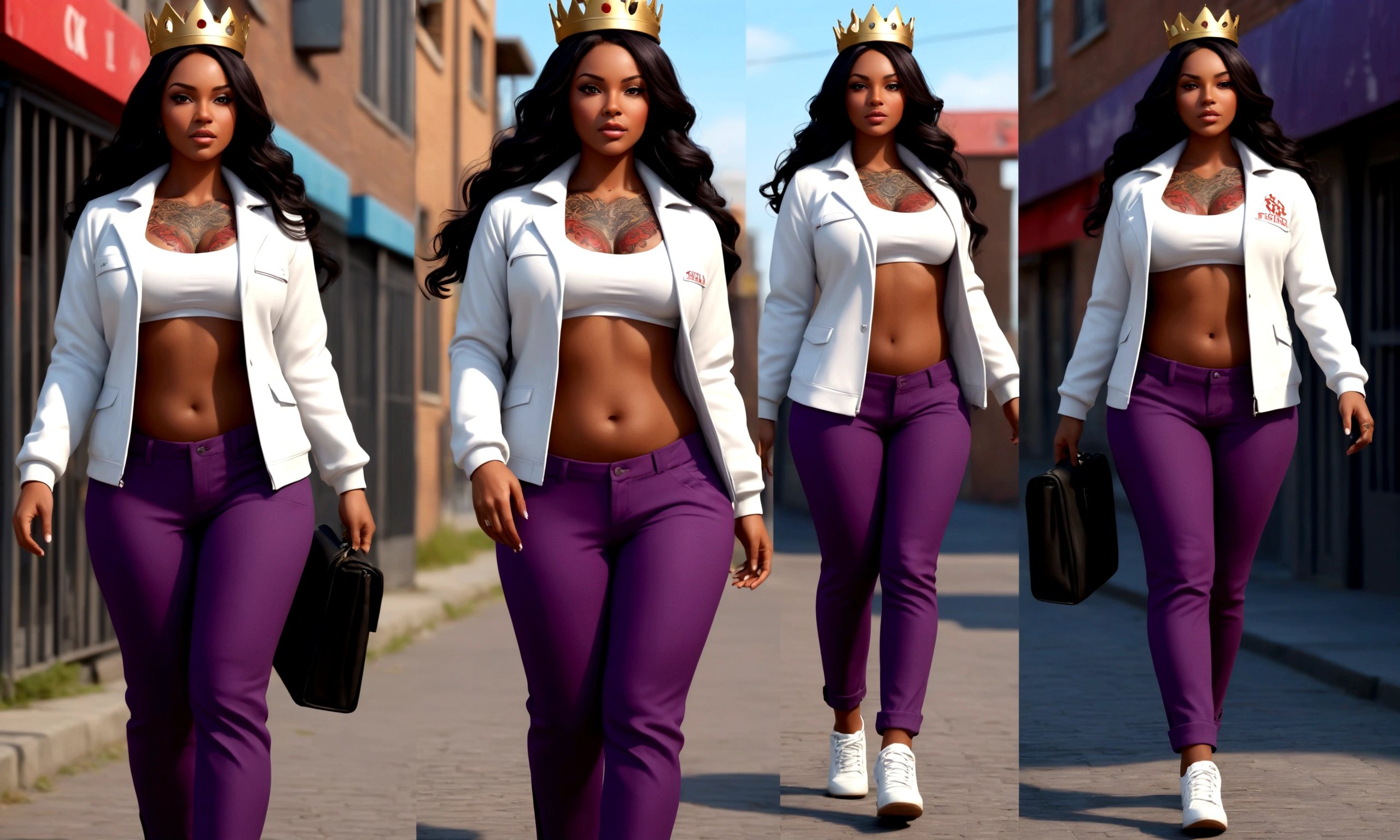 She&#39;s wearing a crown on her head, walking through a city, it&#39;s movement (Black-skinned woman Beautiful brunette with a perfect body, beautiful, big, perfect breasts, wide, thin thighs, perfect, everything perfect,) ((Art Style Full Length View, full-featured))characteristics (Purple and black straight hair style, wavy, prisoner, Loose) ( clothing style wearing a white jacket and red pants) ( Full body tattoo style) .8K uhd, high qualiy, volumetric light, photoshot, high resolution, 4K, 8K
