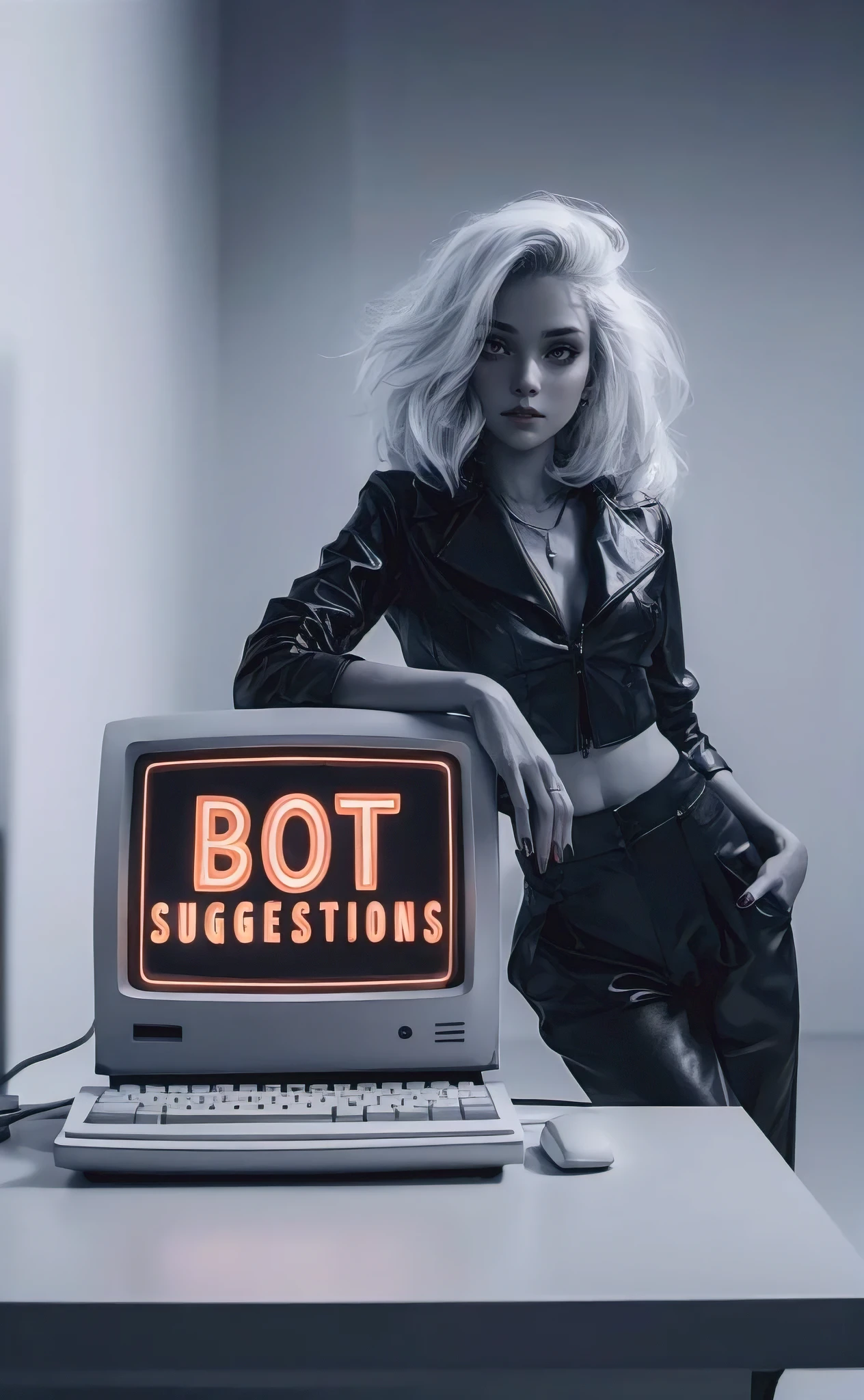 (best quality, 4k, 8k, highres, masterpiece:1.2), ultra-detailed, (realistic, photorealistic, photo-realistic:1.37), photo of a beautiful white blonde Gen Z woman standing next to an old computer that says "BOT SUGGESTIONS" on its screen, huge breasts, gorgeous eyes, the background is a white backdrop
