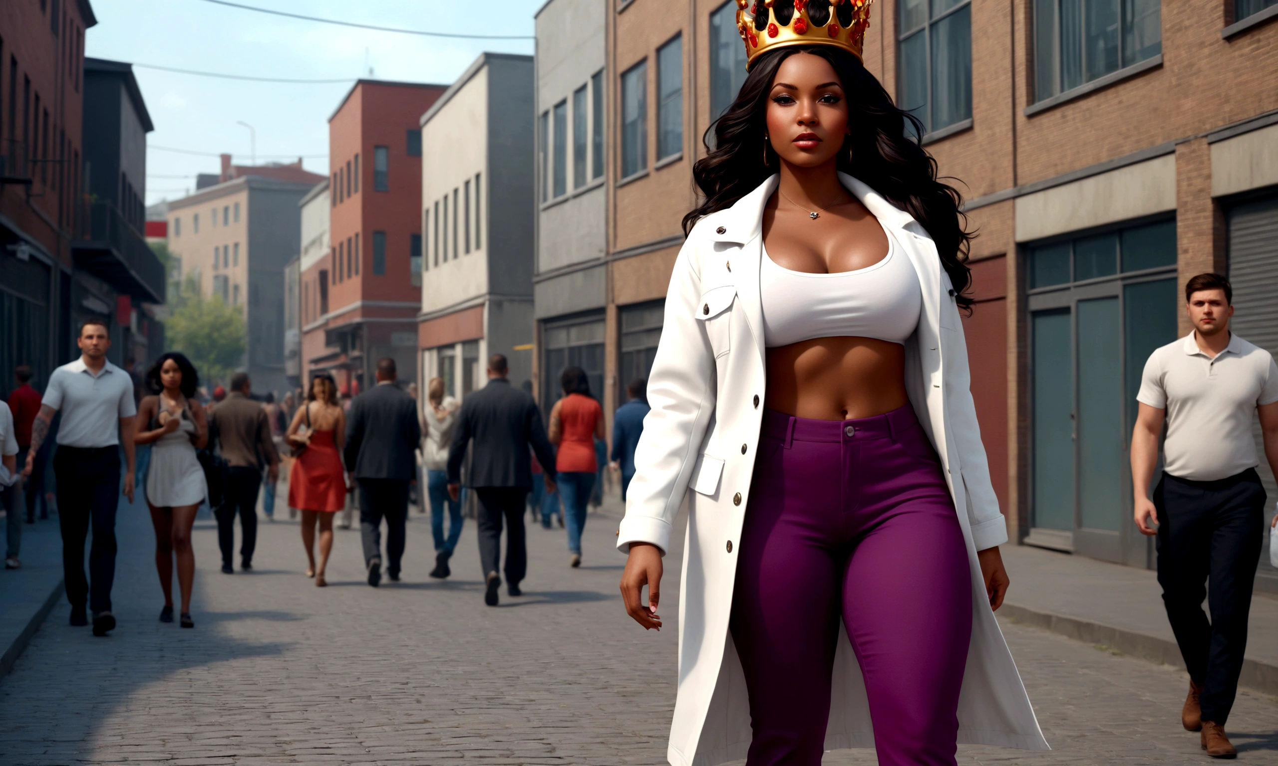 She's wearing a crown on her head, walking through a city, it's movement (Black-skinned woman Beautiful brunette with a perfect body, beautiful, big, perfect , wide, thin thighs, perfect, everything perfect,) ((Art Style Full Length View, full-featured))characteristics (Purple and black straight hair style, wavy, prisoner, Loose) ( clothing style wearing a white jacket and red pants) ( Full body tattoo style) .8K uhd, high qualiy, volumetric light, photoshot, high resolution, 4K, 8K