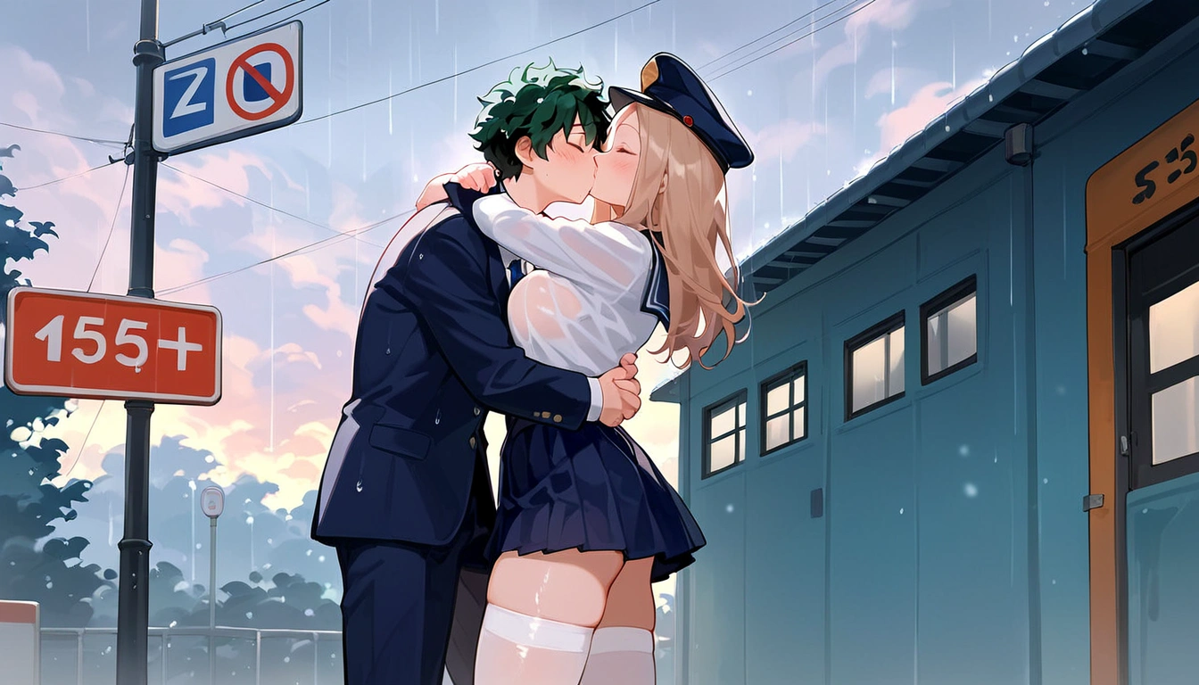 anime artwork, score_9, score_8_up, score_7_up, score_6_up, score_5_up, score_4_up, r,Camie Utsushimi, light brown hair, dark brown eyes,, breasts, , big breasts, (school uniform:1.2), standing, cap, she is 24 years old, wet whirt, ,horny, , , white stockings, style_3, 1boy, Izuku Midoriya, kissing, at the bus stop, outdoors, raining, blush, wet, dark atmoshpere, closed eyes, They are completely soaked, evening, gaps in the clouds, his hands on her hips, hugging, close-up