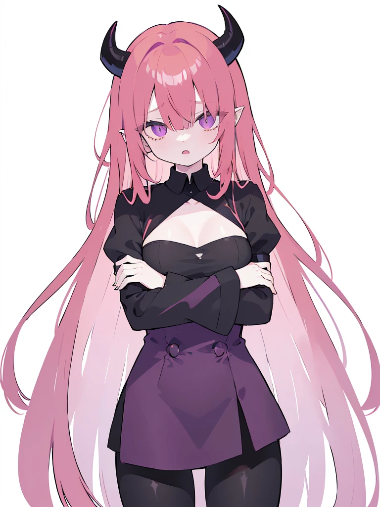 (((Long Red hair))),Rede hair,kawai,(((Eyes visible from bangs,hair over eyes:1.3))),,Huge breasts,(purple color eyes),,(purple slanted eyes),1girl in,bangs,long blonde hair, pantyhose,Cowboy Shot,white background,Straight hair hair,(On both sides of the head has sharp black devil horns) Using a white fox fur coat) wearing a black shirt ((head bowed pose)) Ter's hair flows straight down, has two sharp black horns (slant purple eyes) Must wear a black shirt! (The black shirt sleeves are all black fabric. The shirt sleeves are folded up to the elbows.)Wearing black gloves) wearing open mouth as if in panic) wearing shiny, tight black pants (Tight black pants shine like rubber) hands down Slim body (Arms above chest pose (all black fabric)