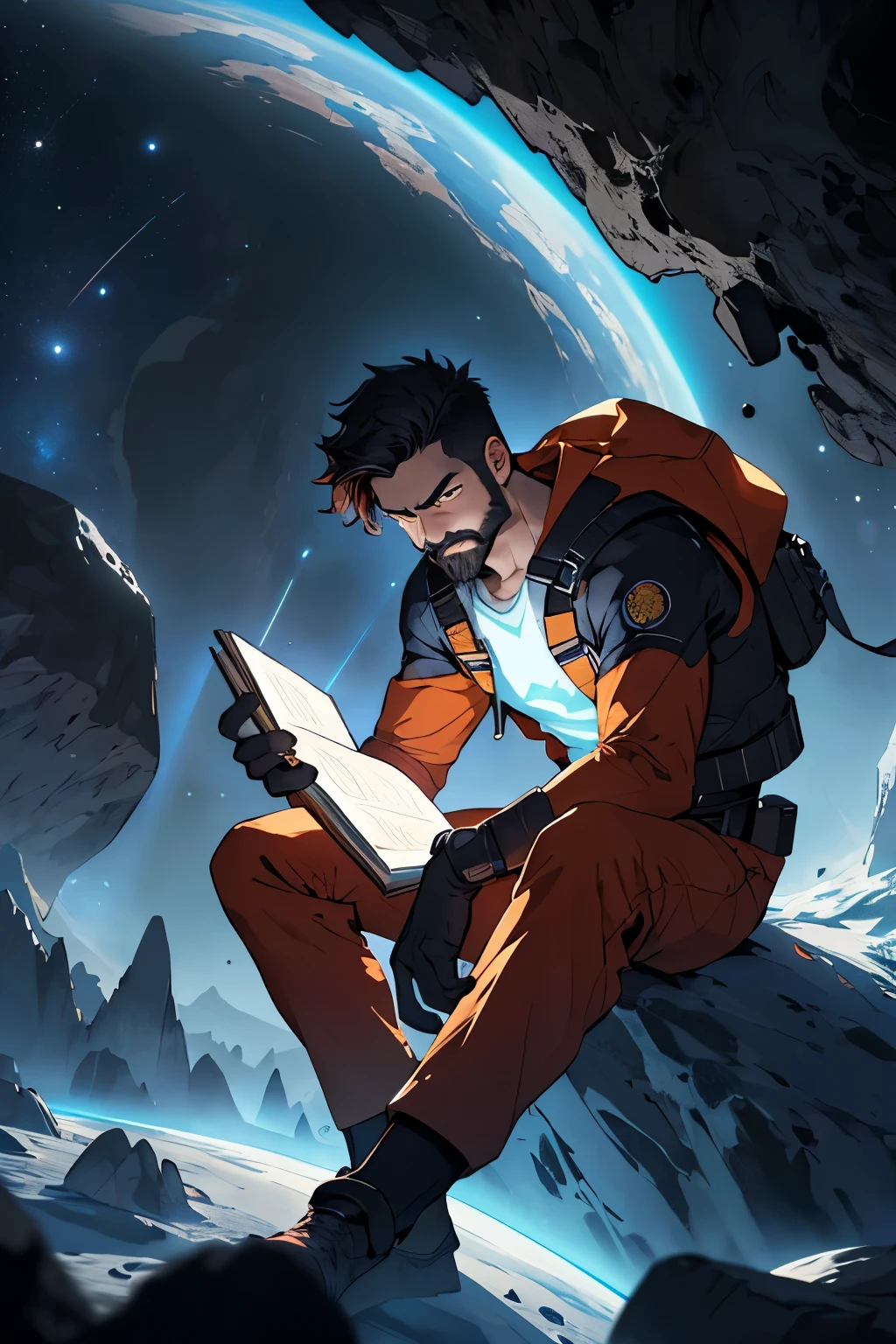 Draw a young programmer, sitting on a research platform floating in the middle of an asteroid belt. He is studying with a notebook, surrounded by several asteroids glowing with fiery auras. Dramatic lighting from distant stars and planets illuminates the scene, casting deep shadows on the suit. The young man looks confident and determined, looking at the vast and mysterious universe with wonder and respect,facial hair, cowboy shot,