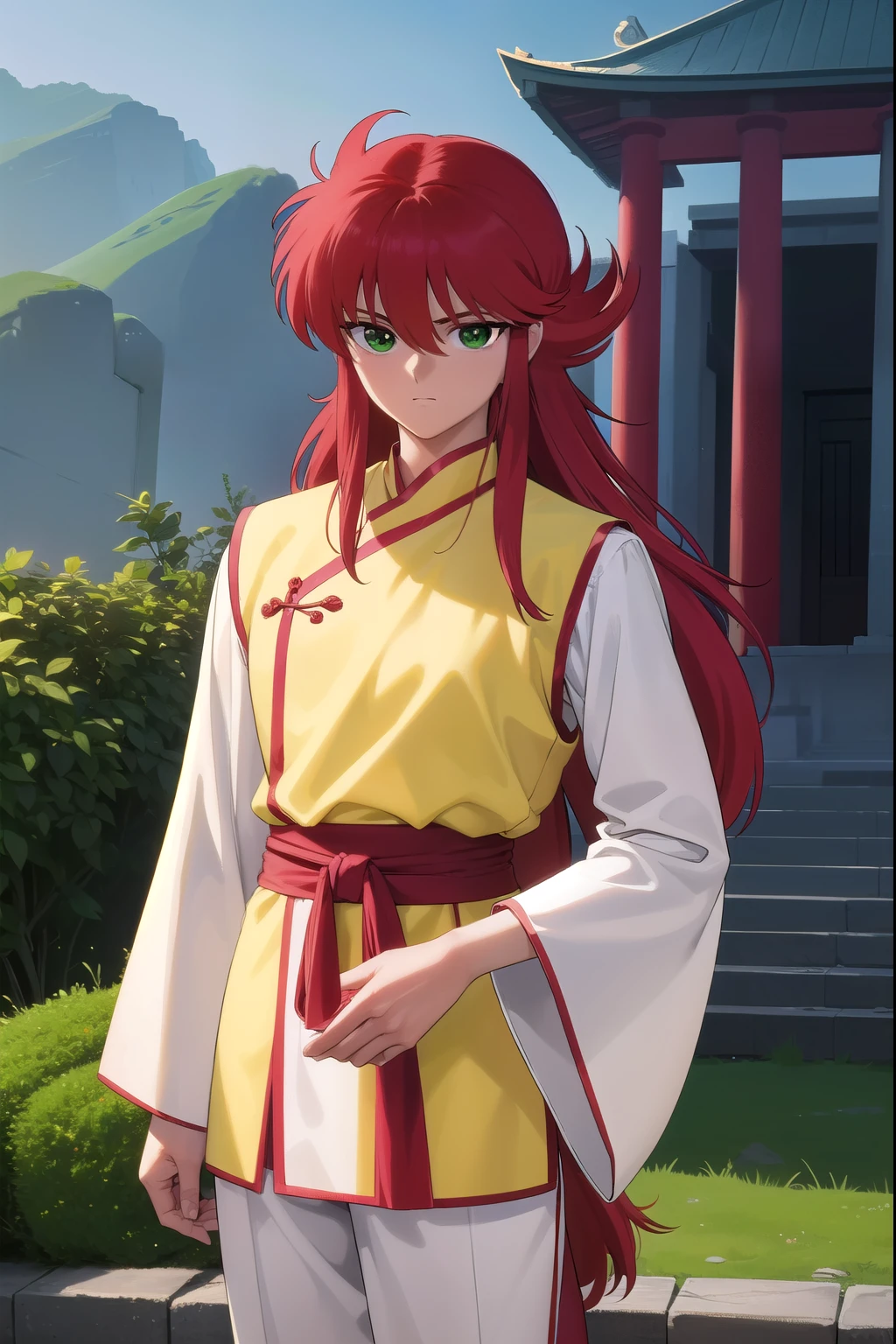 kurama, kurama, long hair, red hair, bangs, (green eyes:1.5), (retro artstyle:1.5), 1990s \(style\),
BREAK long sleeves, pants, chinese clothes, white pants, (yellow shirt:1.5), (white sleeves:1.5), (pelvic curtain:1.2), sash, sleeveless shirt,
BREAK (((ancient temple))), 
BREAK looking at viewer, cowboy shot,
BREAK (masterpiece:1.2), best quality, high resolution, unity 8k wallpaper, (illustration:0.8), (beautiful detailed eyes:1.6), extremely detailed face, perfect lighting, extremely detailed CG, (perfect hands, perfect anatomy),