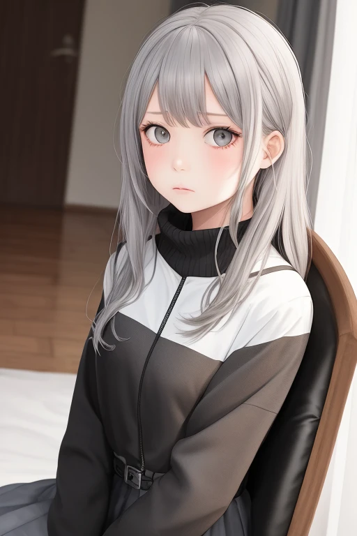 young six year old girl, long grey hair, grey eyes, beautiful, apathetic expression