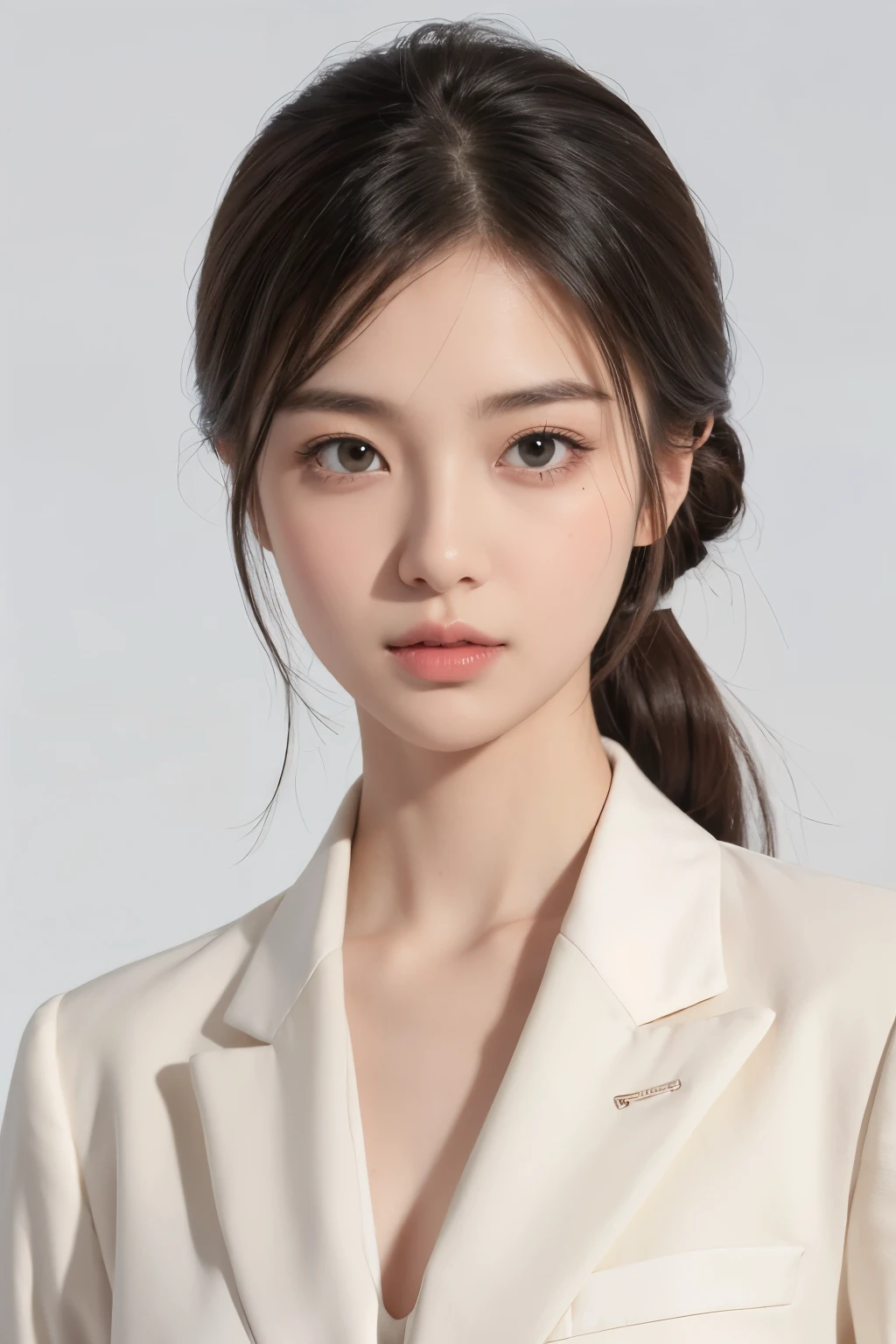 girl, formal suit, white background, looking camera, looking front, neutral expression, ID Photo, formal portait photo profile picture