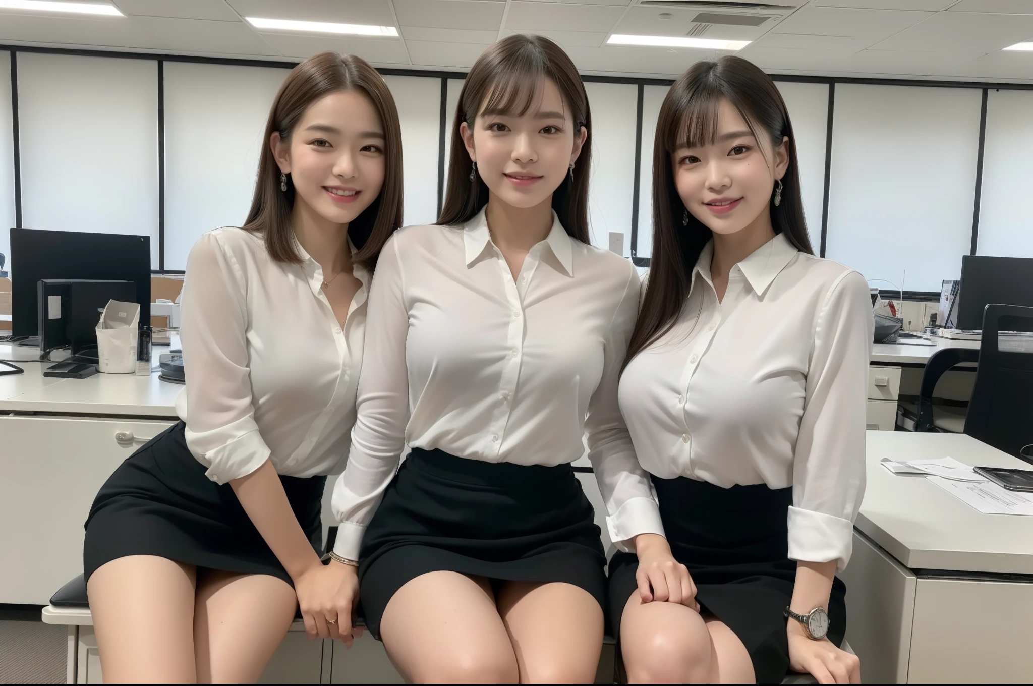 ((Highest quality, 8K, Masterpiece Details, Ultra-high resolution)), (Looking at the audience), (Full Shot:), 魅力的なビジネス 5-peopleの熟女, 5-people, Slightly thicker:0.25, White collared shirt, Grey Skirt, (sit cross-legged at one's desk in the office)), smile, CEO's Office,