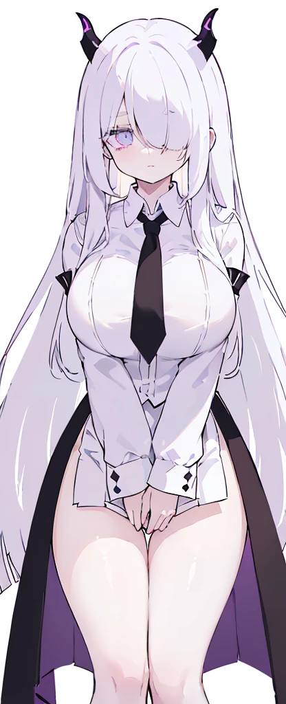 (((Long White hair))),White hair,kawai,(((Eyes visible from bangs,hair over eyes:1.3))),,Huge breasts,(purple color eyes),,(purple slanted eyes),1girl in,bangs,long White hair, pantyhose,Cowboy Shot,white background,Straight hair hair,(On both sides of the head has sharp black devil horns) ((head bowed pose)) Ter's hair flows straight down, has two sharp black horns (slant purple eyes) (((wearing a perfect white shirt))) white shirt sleeves should be folded to the elbows ((Don't wear any ties (wear a long black skirt, both sides of the skirt are split The other two sides of the skirt are split (showing her bare thighs) Long black skirt split at the thighs, perfect white shirt, no accessories like a tie (sexy body)
