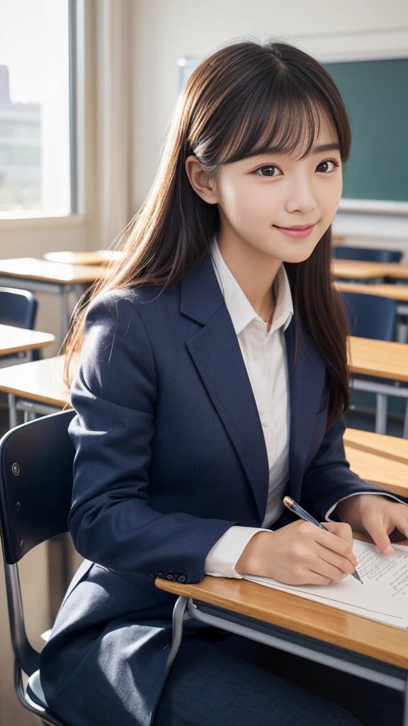(Highest quality,masterpiece:1.3,Ultra-high resolution),(Very detailed,Caustics,8K),(Realistic:1.4,RAW shooting),Korean beautiful girl in high school uniform,smile,18-year-old,korean hair color、Long Haircut,Looking into the camera,School classroom、School desks and chairs around、Waist up shot,front,Face Focus,Face close-up,(Warm Light),Professional Writing、Very human and real