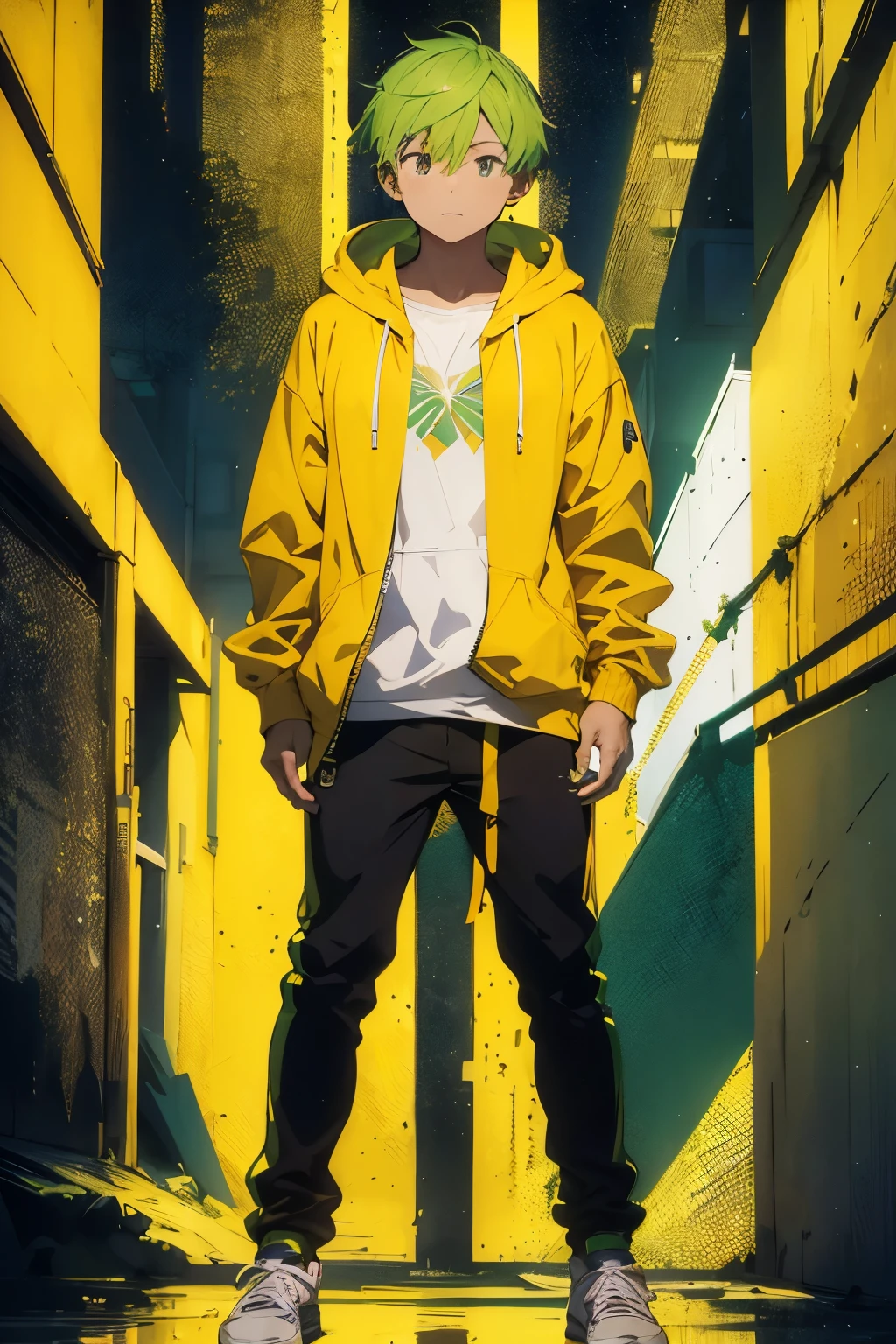 Full-body portrait of a man with yellow-green hair wearing a green hoodie
