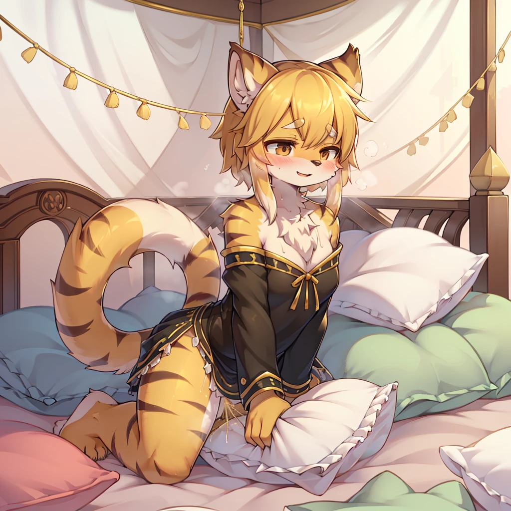 （masterpiece，best quality），my own, The Beast, , (适合任何Pillow背景的光影））, 穿着pajamas可爱女孩在Pillow上摆姿势 ，pajamas，,（很多Pillow），Soft cushion，，，（Pillow损坏），很多Pillow，（Crotch rubbing），（（Pillow驼峰）），（Pillow），（A tail），，（充满细节的Pillow），（Love around the protagonist），Steam，，（Pillow），（palace），（Palace bedroom），（Pillow），柔软的Pillow，，（Classical European style bedroom ），（excited，shy person，Lack of expressiveness，），，pillow humping,my,tiger tail,tiger ears,Tiger pattern，，Sweat，，Sweaty，(Body swing，身体Shaking lines，Shaking lines)，best quality, masterpiece, ((Maximum resolution)), artwork, ，,,(Interior of the palace),,(Deluxe Rococo Canopy King Bed),On a big and spacious bed,(the 女孩 is lying on the bed),,,,Luxurious curtains with ornate ruffles and ribbons surround the bed,((((There are many pillows piled on the bed)))),Detail of Quilt,Detailed bed sheets,Ruffled Bed Skirt,Deep Bed,Background with depth,((详细的Pillow)), ((((大量的Pillow))))，peeing，squatting，water,Urine,Shaking lines，wetting pillows,Flowing liquid，Violent body shaking，剧烈Shaking lines，详细的软Pillow,,((女孩正躺在许多柔软的Pillow上,周围有许多Pillow))，Splashed liquid，Pillow和床上有水迹，Lots of urine,Lots of liquids，Urine everywhere,大量Sweaty