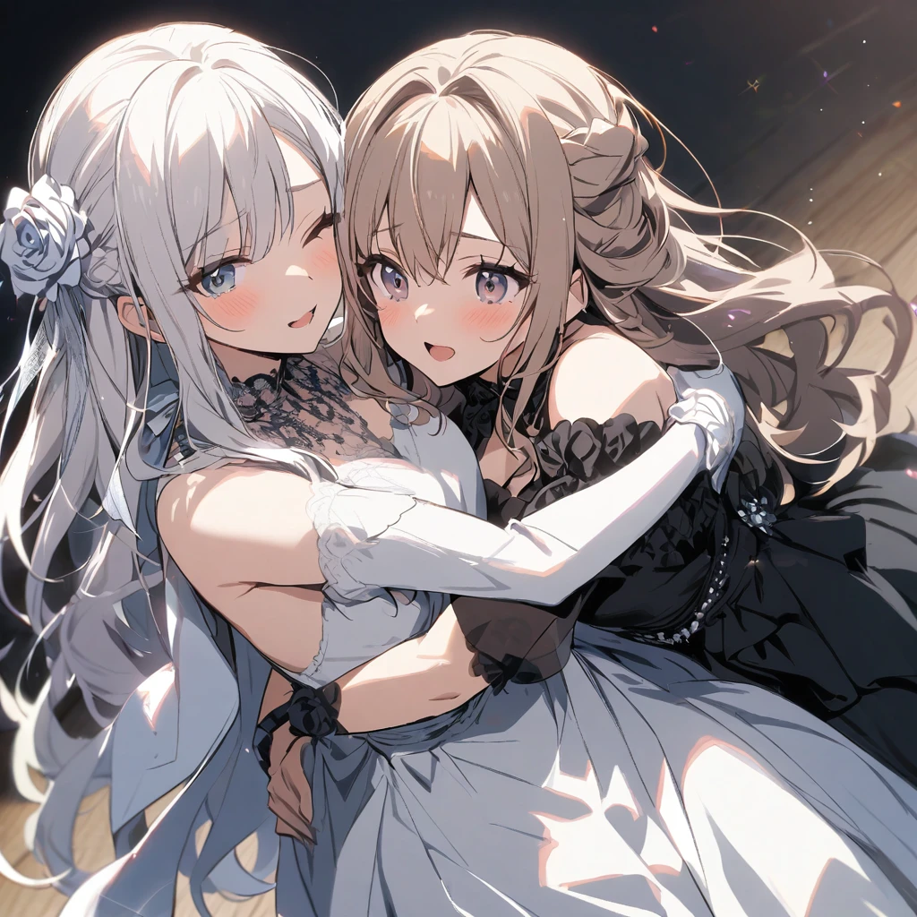 Two girls hugging, formal dress