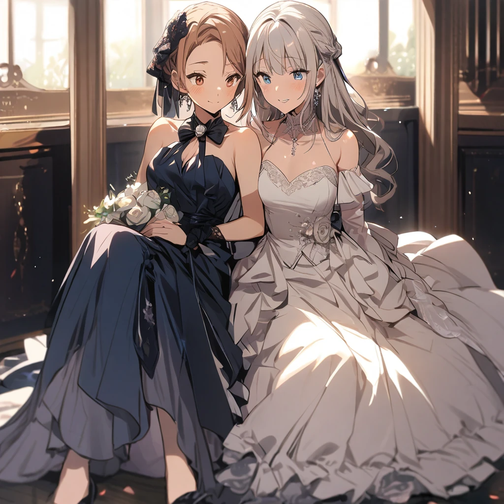 Two girls hugging, formal dress