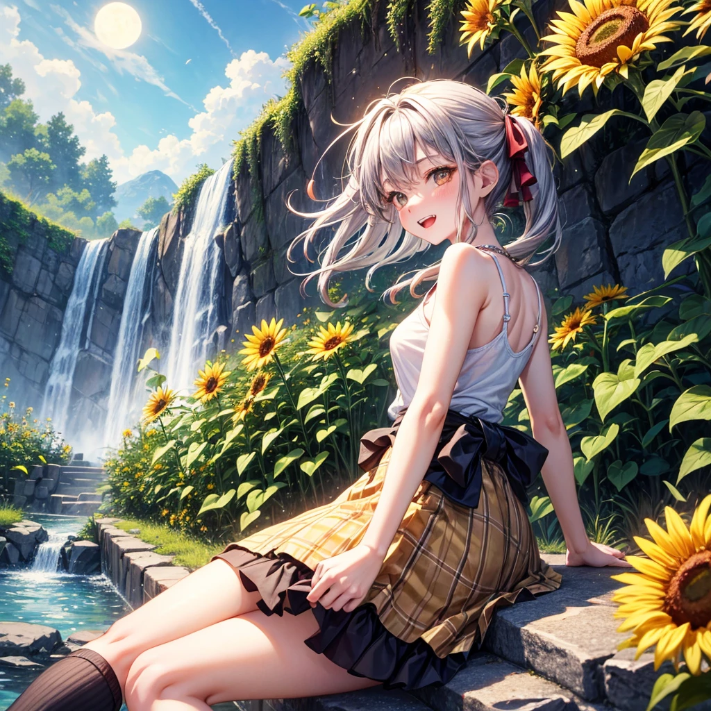 Red, brown, gold, gold hair、Golden Eyes、Hair tied up、One good looking girl、solo、anime、Checkered mini skirt、Ruffles on the skirt、camisole、Lightweight cardigan、Black knee-high socks、Wearing a baseball cap、Ribbon、Ribbon on waist、Teeth are visible、Silver coin necklace、From above、Sunflower Tunnel、Cobblestones、waterfall、Have sunflowers、Midnight Moon、Winding Road、Unlocking、suspension bridge、Soap bubbles are flying