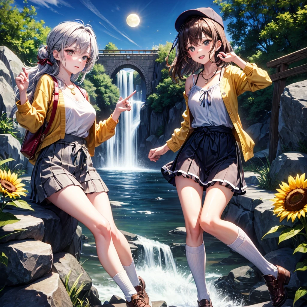 Red, brown, gold, gold hair、Golden Eyes、Hair tied up、One good looking girl、solo、anime、Checkered mini skirt、Ruffles on the skirt、camisole、Lightweight cardigan、Black knee-high socks、Wearing a baseball cap、Ribbon、Ribbon on waist、Teeth are visible、Silver coin necklace、From above、Sunflower Tunnel、Cobblestones、waterfall、Have sunflowers、Midnight Moon、Winding Road、Unlocking、suspension bridge、Soap bubbles are flying