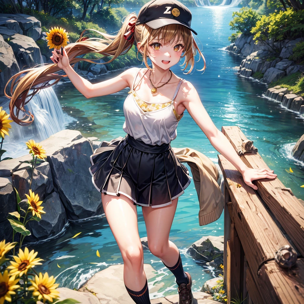Red, brown, gold, gold hair、Golden Eyes、Hair tied up、One good looking girl、solo、anime、Checkered mini skirt、Ruffles on the skirt、camisole、Lightweight cardigan、Black knee-high socks、Wearing a baseball cap、Ribbon、Ribbon on waist、Teeth are visible、Silver coin necklace、From above、Sunflower Tunnel、Cobblestones、waterfall、Have sunflowers、Midnight Moon、Winding Road、Unlocking、suspension bridge、Soap bubbles are flying
