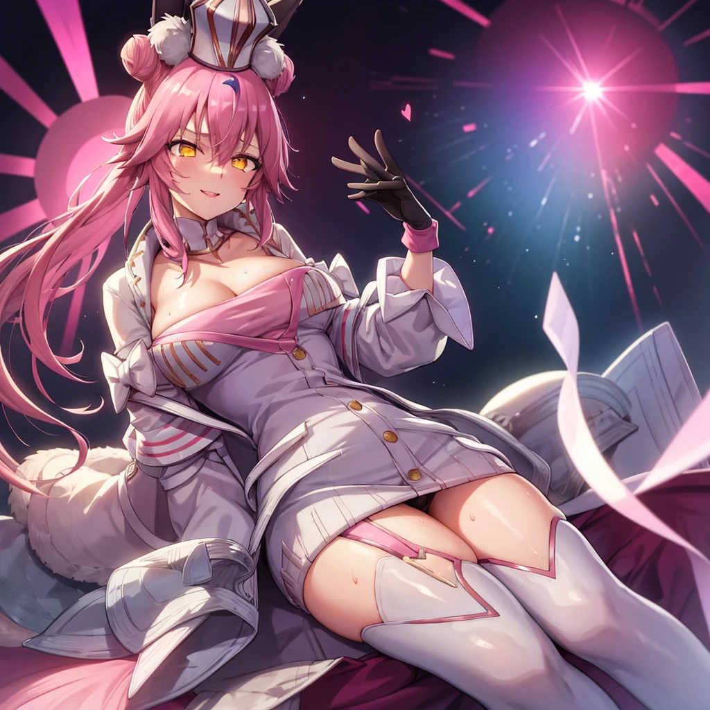 (masterpiece),(Highest quality),(Super detailed),(Best illustrations),(Best Shadow),(Absurd),(Detailed Background),(so beautiful), 16K,(Highest quality), 8K,(Best illustrations),(Best Shadow), (so beautiful)Koyanskaya, One girl, alone, Big Breasts, Long Hair, , , Hair between the eyes, , , empty eyes, bLank eyes, , , , wrist cuffs, sweat, Dramatic lighting, psychedeLic, pLeated スカート, coLorfuL, , orgasm, aftergLow, erotic smiLe, pussy, crimson Lip, Beautiful nipples, , , , Sexy posture, dynamic pose, , cross-eyed, roLLing eyes, , garter beLt, dark church background, , L, A lot of sweat glistens all over the body, , stained gLass, , saLiva traiL, fuLL-face bLush, shiny skin, , , orgasm, , , arched back, , torogao, ahegao, , pink neon, BREAK, , OcuLogyric crisis, night, Heart-shaped pupils, bbkoyans, Long hair, doubLe bun, fox ears, hat, white headwear, cLeavage, , white dress, white coat, open coat, Long sLeeves, pink gLoves, buttons, white thighhighs, garter straps