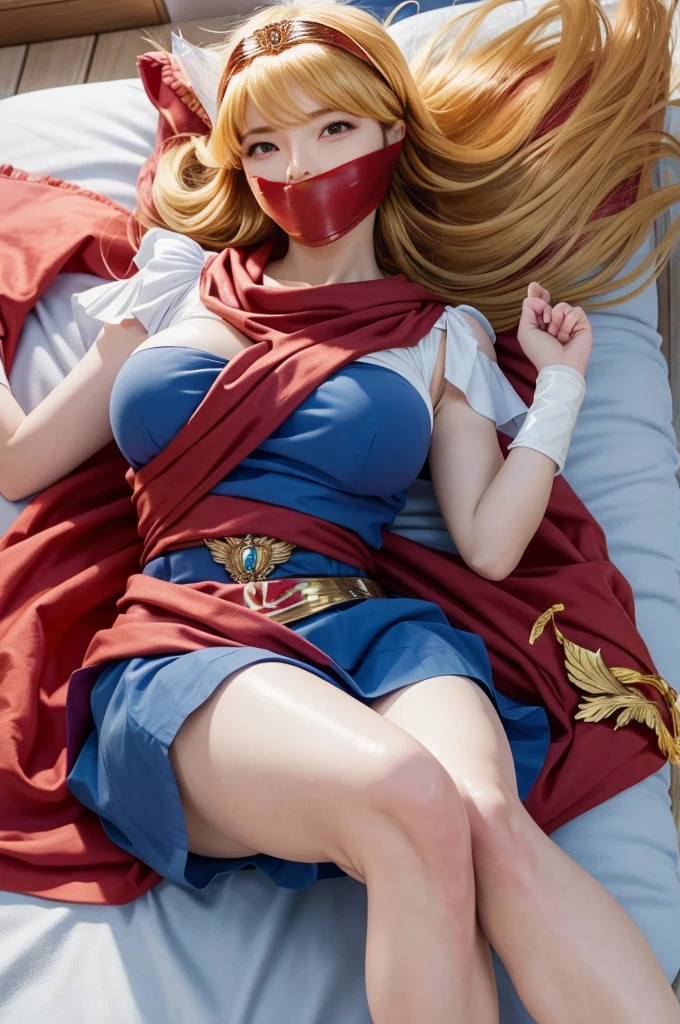 masterpiece、1 beautiful girl、Fine eye、smile,Puffy eyes、highest quality, 超High resolution, (reality: 1.4), movie lighting、super beautiful、beautiful skin、body turns forward,(Ultra-realistic)、(High resolution)、(8K)、(very detailed)、(美しくFine eye)、(Super detailed)、 (wall-)、detailed face、bright lighting、professional lighting、looking at the viewer、look straight ahead、slanted bangs、perfect cosplay, highest quality,Super detailed,magic princess,blonde hair,blue clothes,blue skirt,Brown eye,feather hair band,long hair,pauldron,boots,red scarf,tiara,white shoes, flower field background,Prepare the bow,perfect wonder woman costume,sleeping face,close ~ eye,face of suffering,sky face,sleeping face, being Embraced by a man,Embraced by a man,Embraced by a man,Captured by a man,Detained by a man、licked my hair,lick my face,brown hair, tape gag, gagged, duct tape, tape bondage, turn your arms behind your back, tied arms, lie down in bed with both arms extended above the head and placed behind the pillow, anime girl lying down, expose plump breasts, whole body, plump thighs, Natural Pose, beautifully, cute, Fix errors without any awkwardness, tall, I have long legs